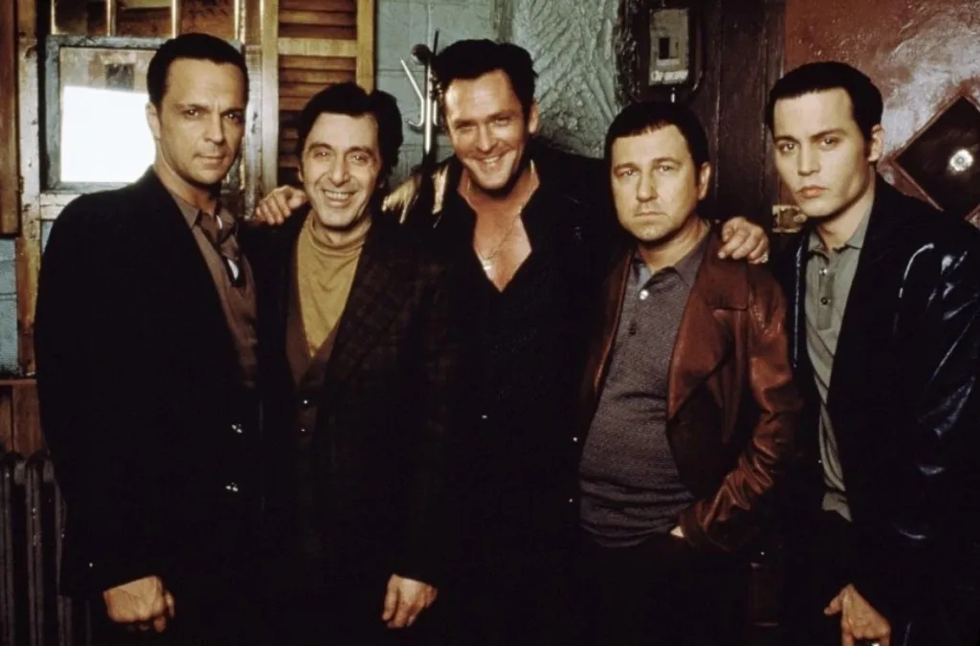 Johnny Depp, Al Pacino, Michael Madsen, Bruno Kirby, and James Russo in Donnie Brasco (1997)