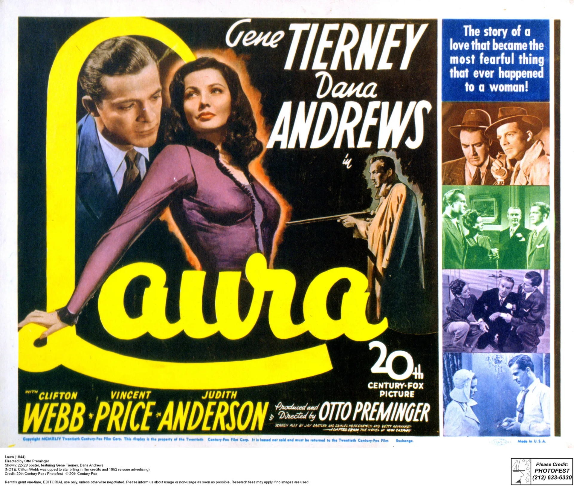 Gene Tierney, Judith Anderson, Dana Andrews, Vincent Price, and Clifton Webb in Laura (1944)