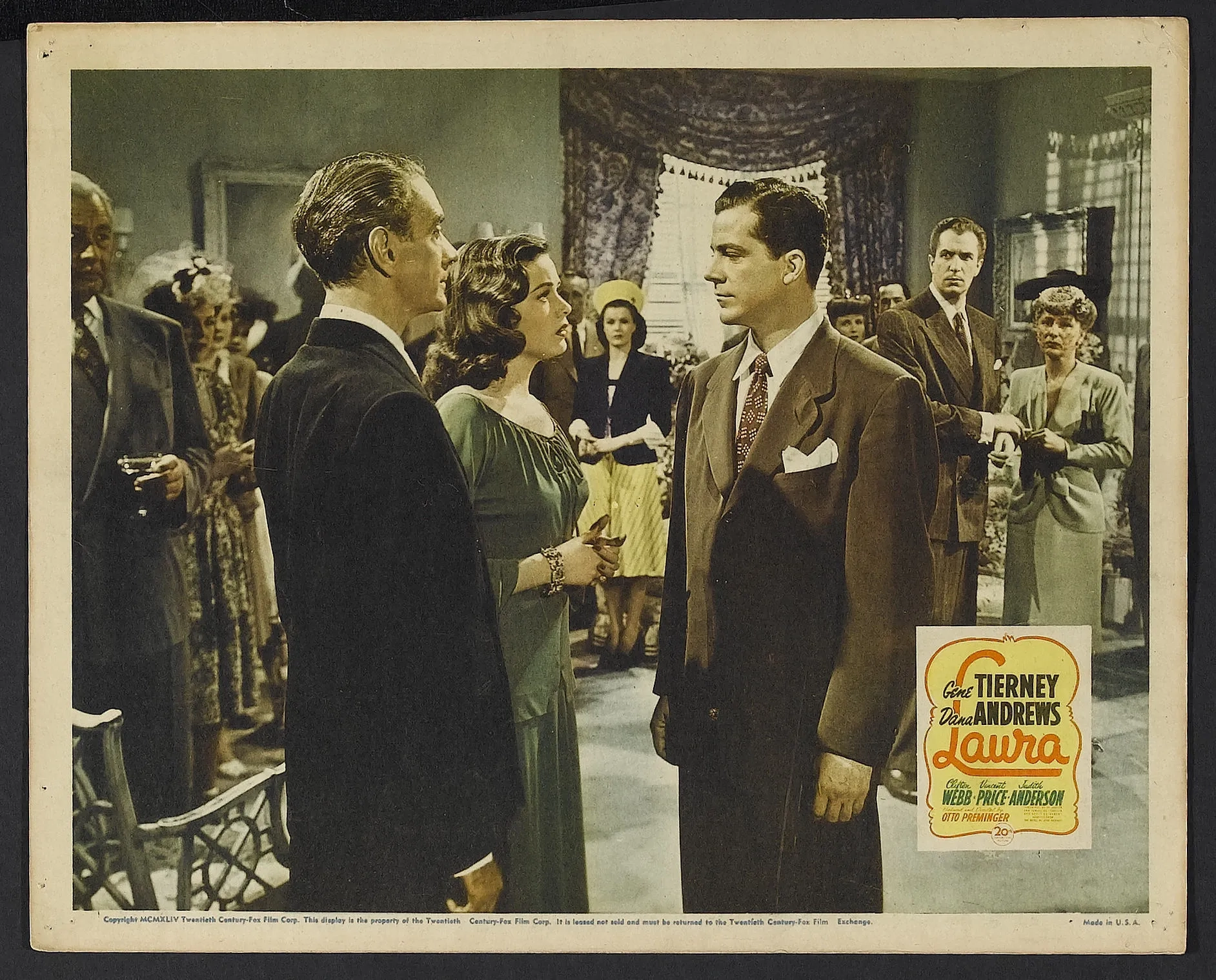Gene Tierney, Judith Anderson, Dana Andrews, Vincent Price, and Clifton Webb in Laura (1944)