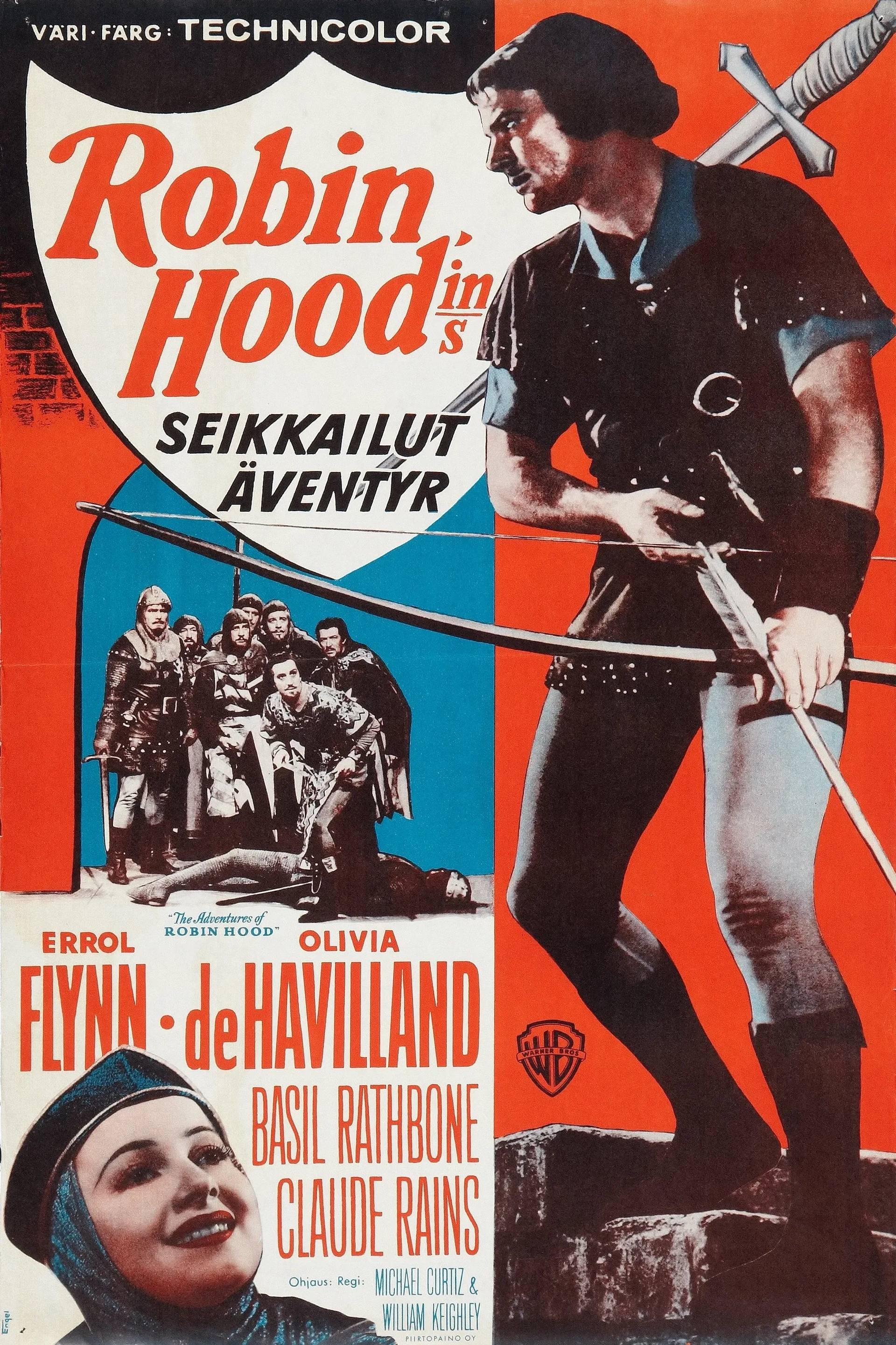 Olivia de Havilland, Errol Flynn, and Basil Rathbone in The Adventures of Robin Hood (1938)