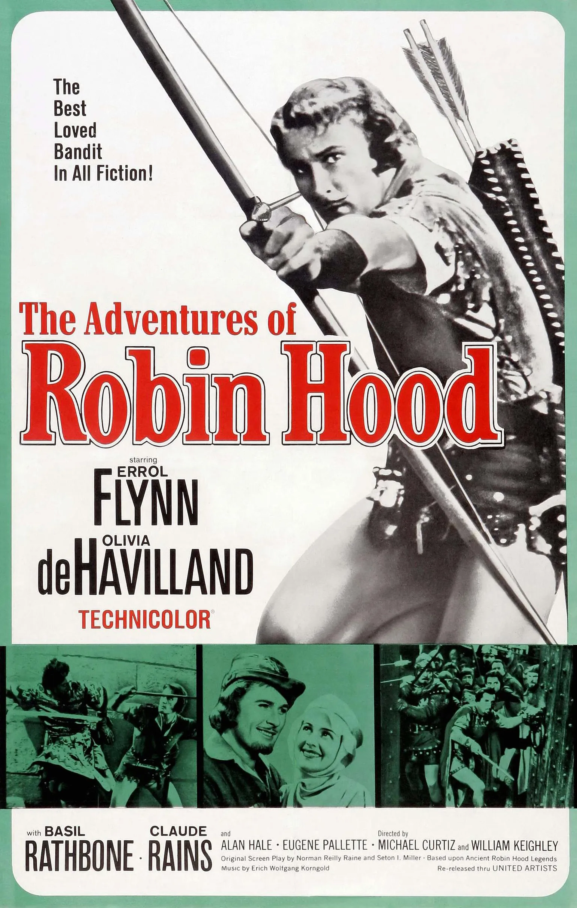 Olivia de Havilland, Errol Flynn, and Basil Rathbone in The Adventures of Robin Hood (1938)