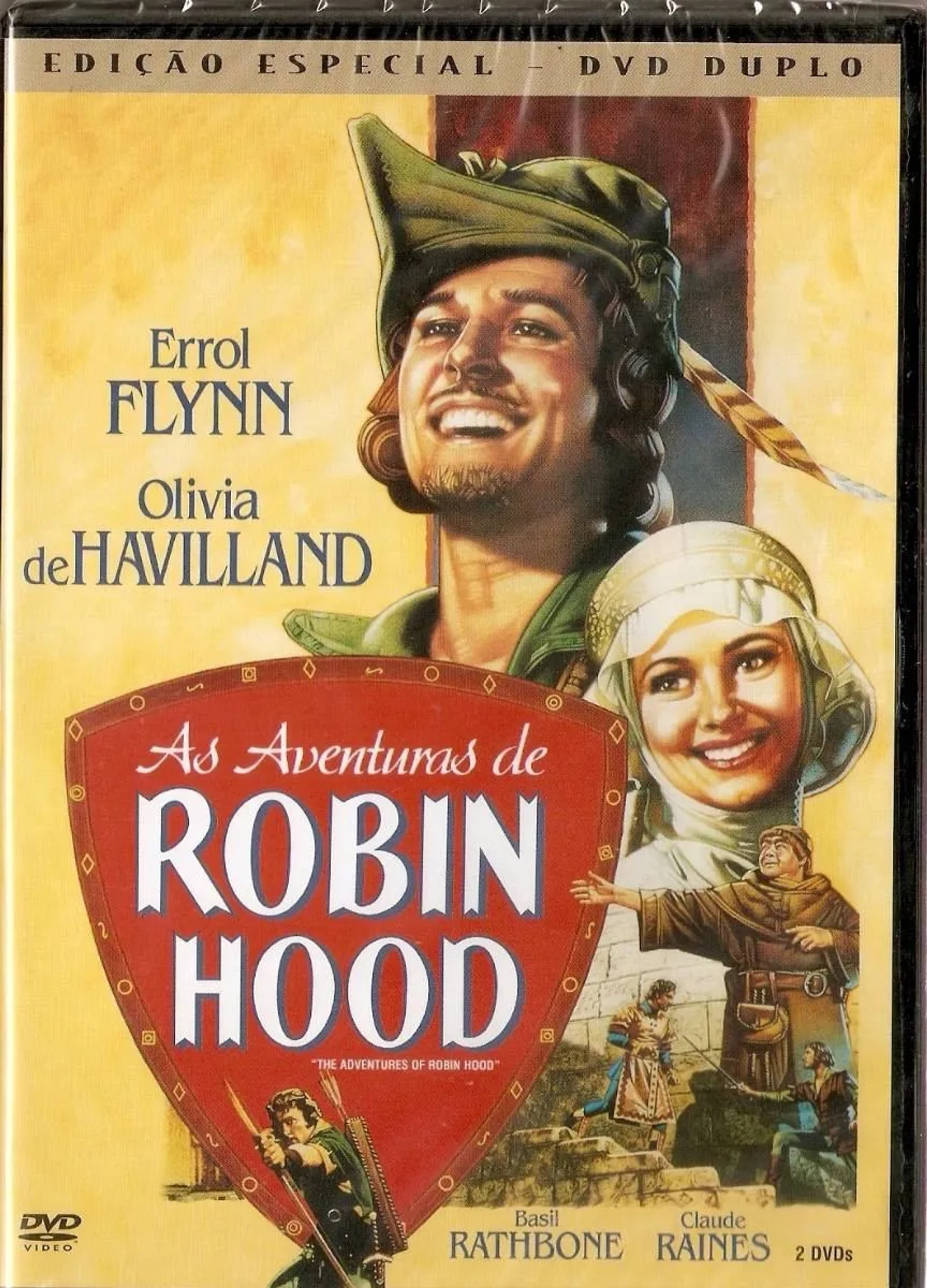 Olivia de Havilland, Errol Flynn, Basil Rathbone, and Eugene Pallette in The Adventures of Robin Hood (1938)