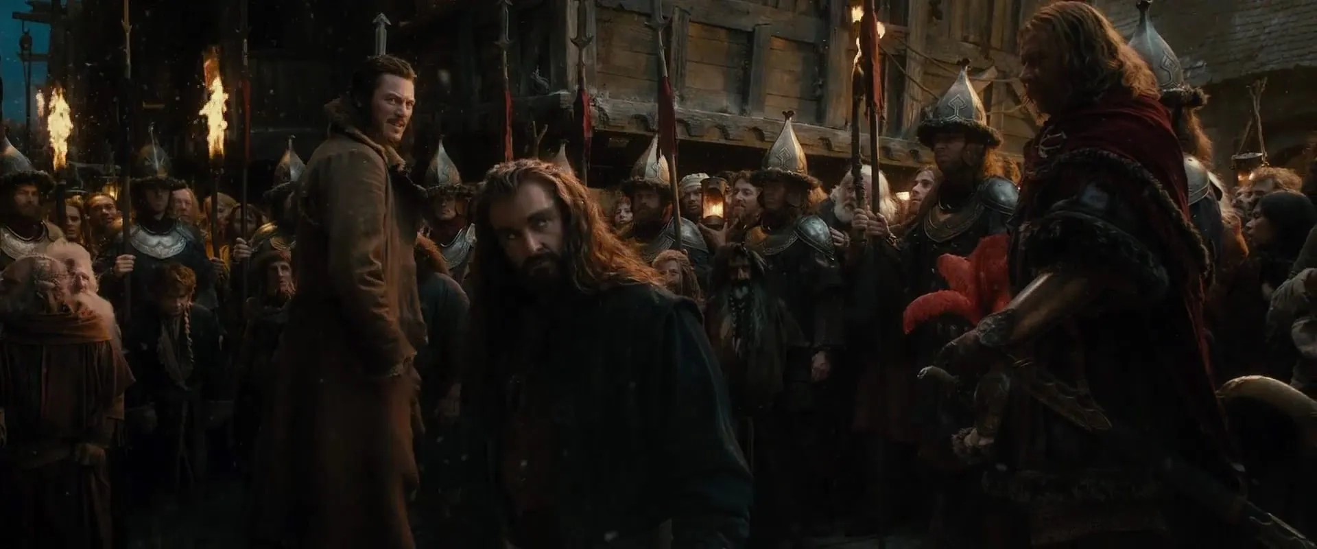 Richard Armitage, Martin Freeman, Mark Hadlow, Graham McTavish, Dean O'Gorman, Ken Stott, Luke Evans, Richard Whiteside, Aidan Turner, Mark Mitchinson, Adam Brown, and Keith Nolan in The Hobbit: The Desolation of Smaug (2013)