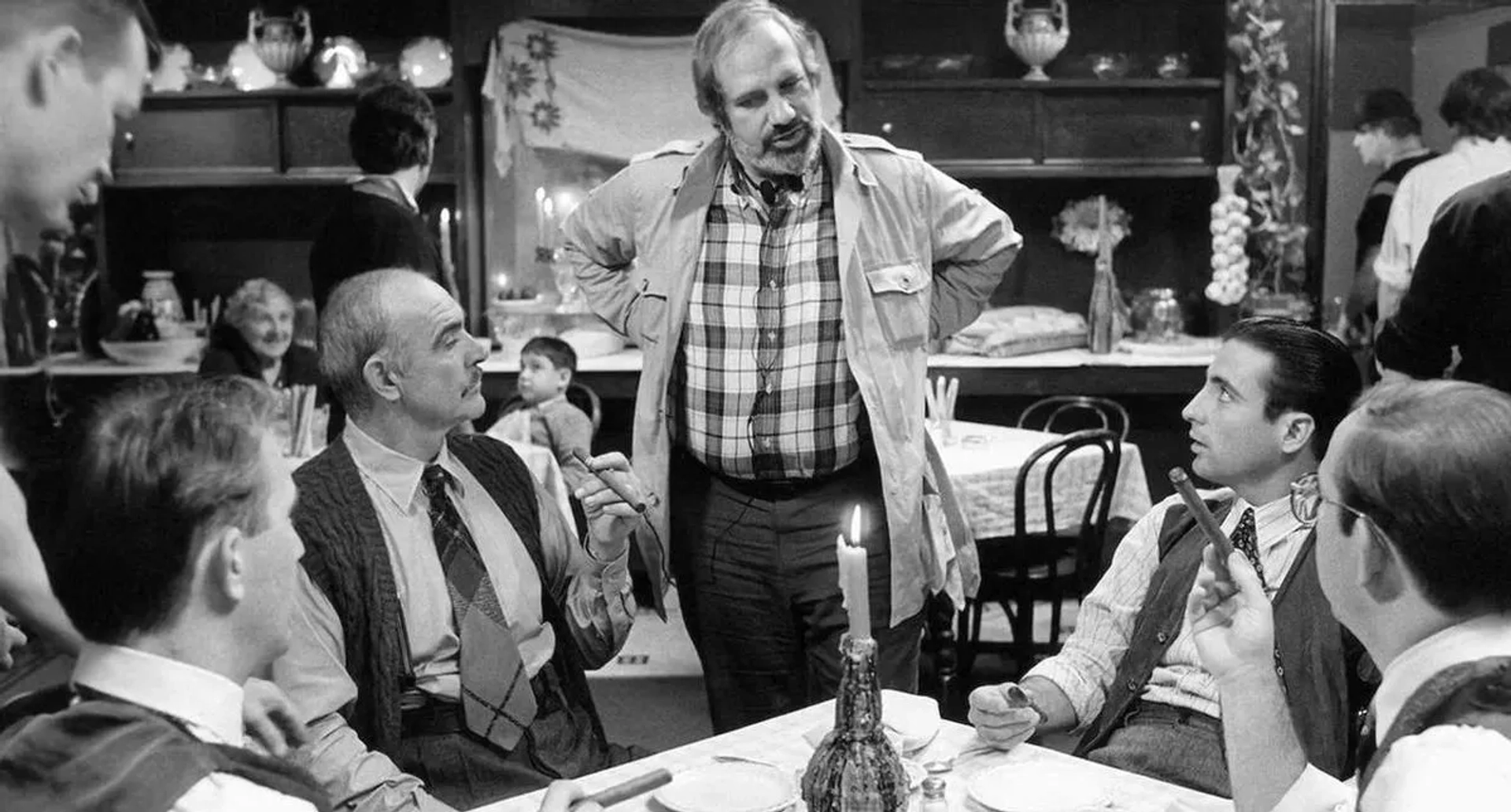 Sean Connery, Kevin Costner, Brian De Palma, Andy Garcia, and Charles Martin Smith in The Untouchables (1987)