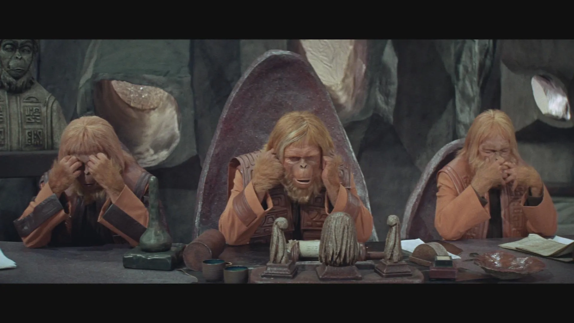 James Daly, Woodrow Parfrey, and James Whitmore in Planet of the Apes (1968)