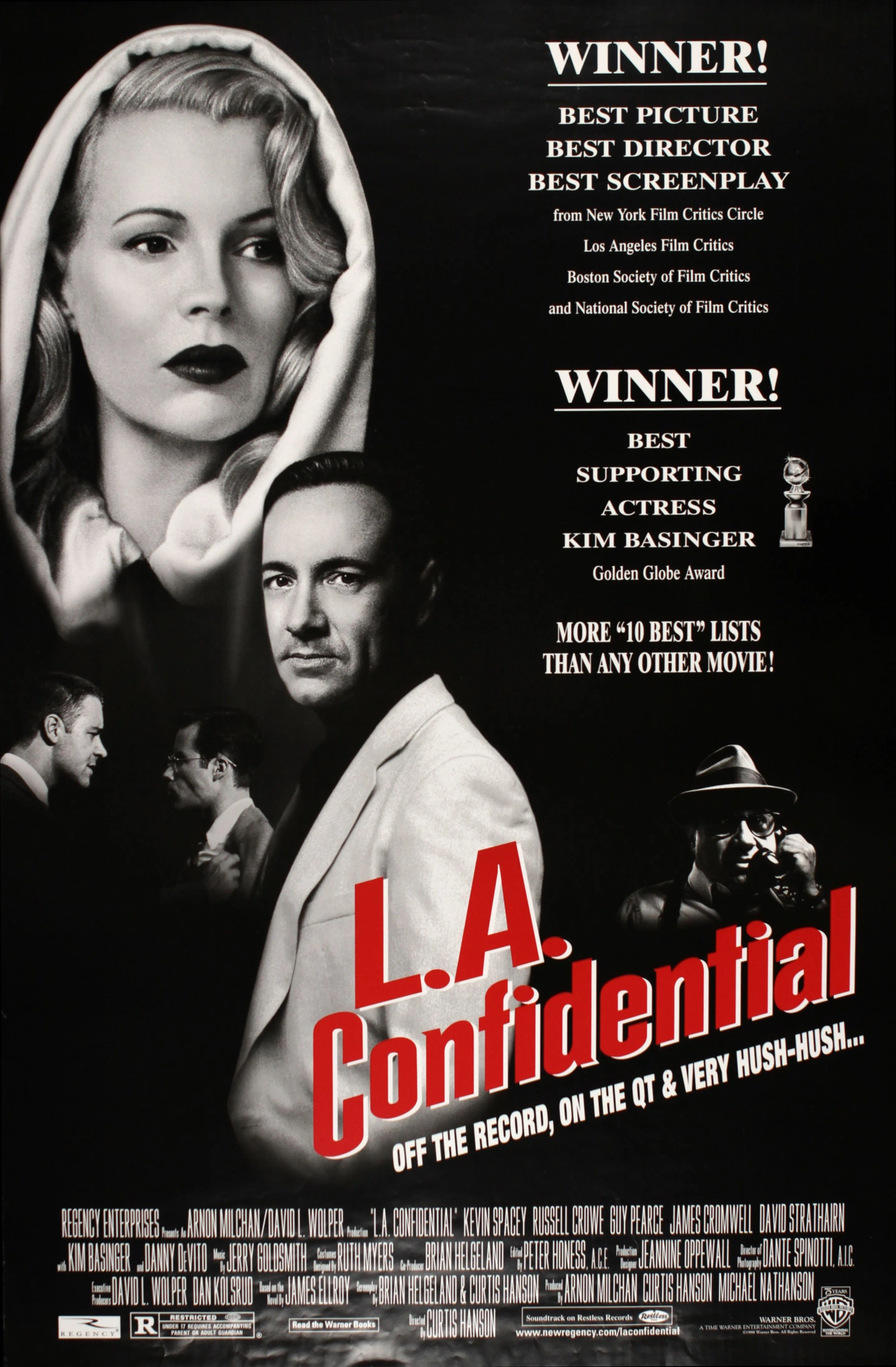 Kim Basinger, Russell Crowe, Kevin Spacey, Danny DeVito, and Guy Pearce in L.A. Confidential (1997)