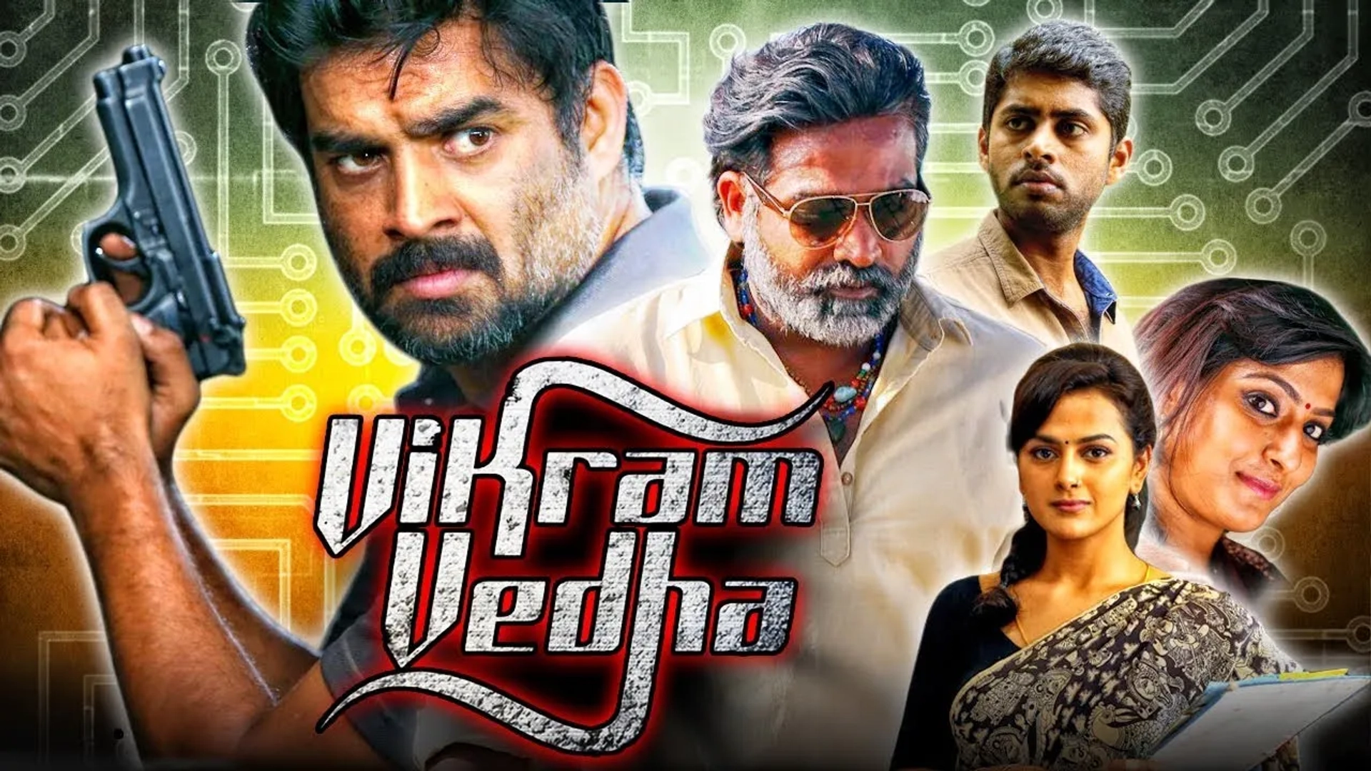 Madhavan, Vijay Sethupathi, Varalaxmi Sarathkumar, Kathir, and Shraddha Srinath in Vikram Vedha (2017)