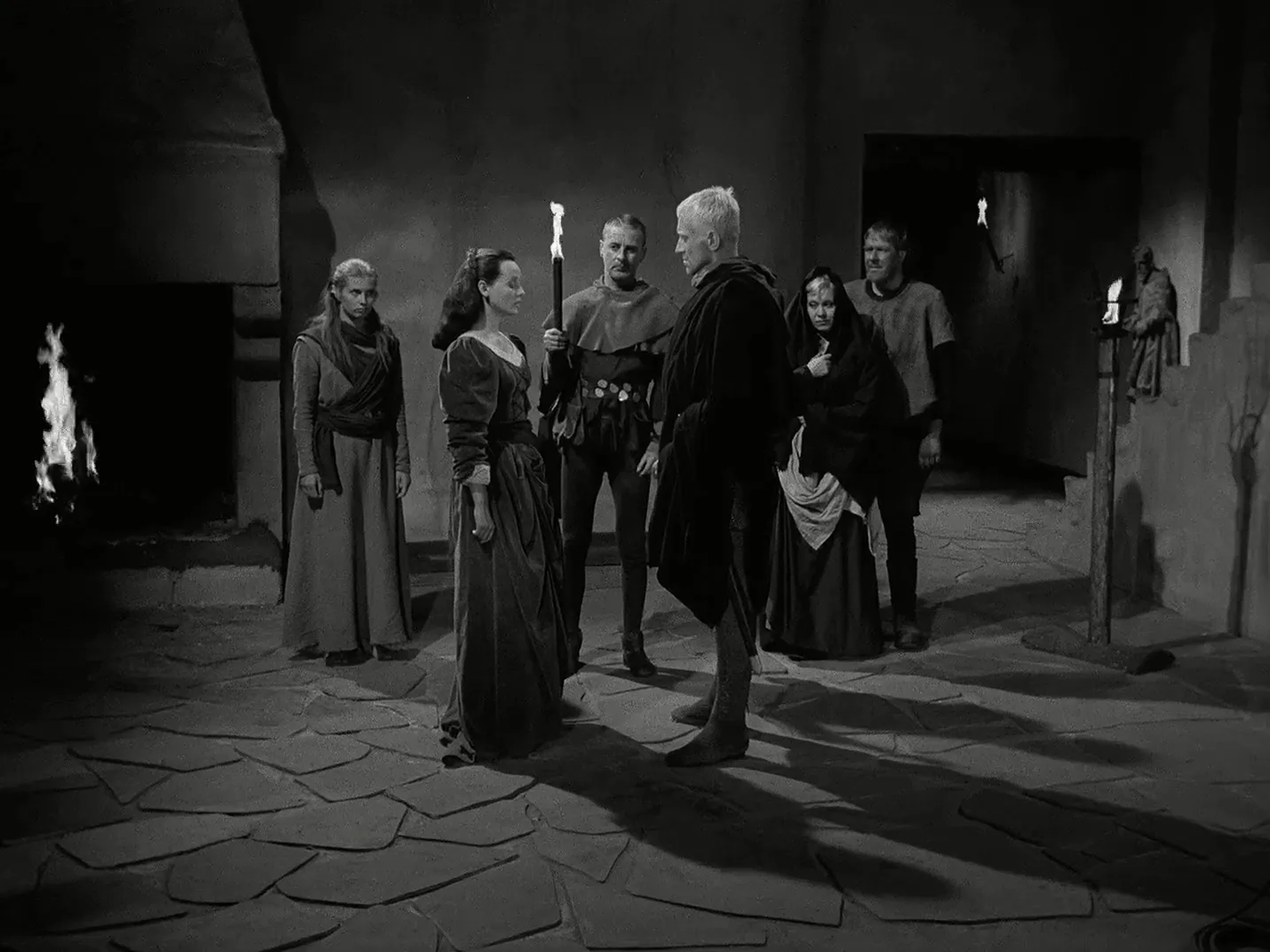 Max von Sydow, Gunnar Björnstrand, Åke Fridell, Inga Gill, Inga Landgré, and Gunnel Lindblom in The Seventh Seal (1957)