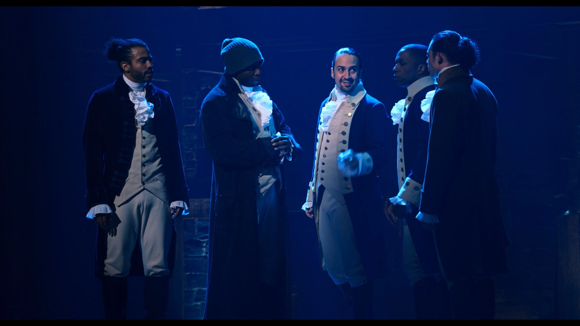 Lin-Manuel Miranda, Leslie Odom Jr., Okieriete Onaodowan, Daveed Diggs, and Anthony Ramos in Hamilton (2020)