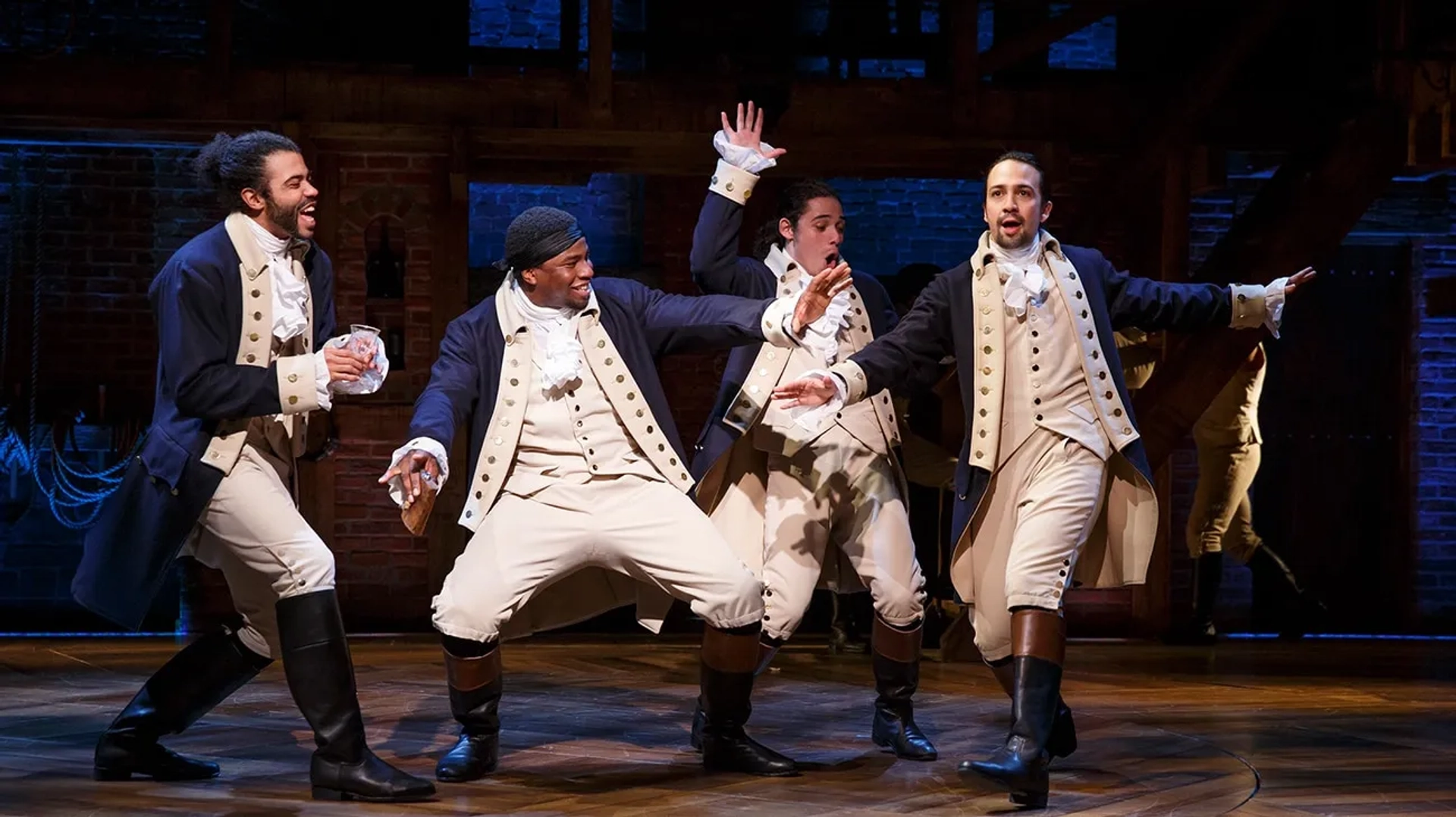 Lin-Manuel Miranda, Okieriete Onaodowan, Daveed Diggs, and Anthony Ramos in Hamilton (2020)