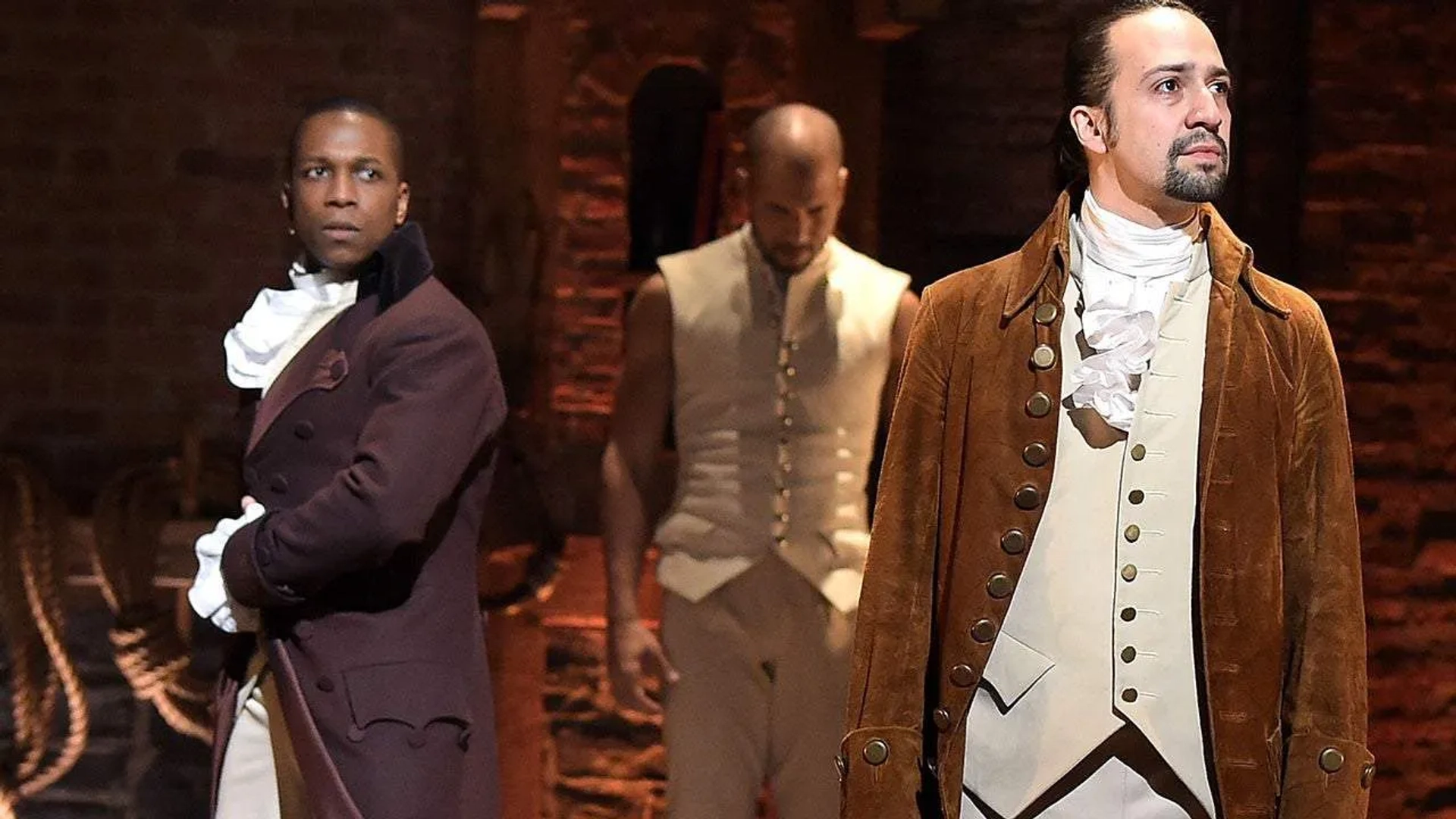 Lin-Manuel Miranda, Leslie Odom Jr., and Sydney James Harcourt in Hamilton (2020)