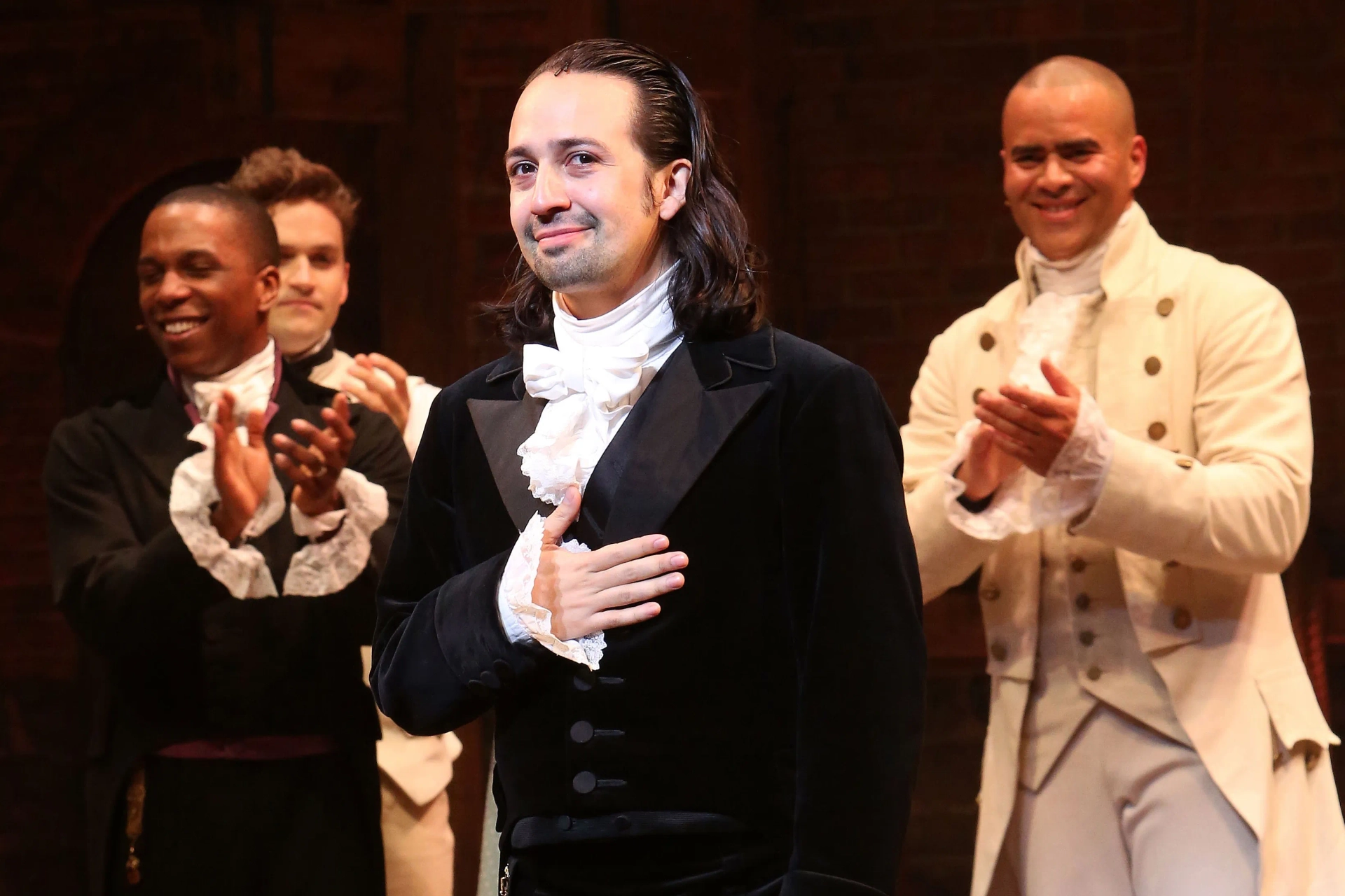 Lin-Manuel Miranda, Leslie Odom Jr., Chris Jackson, Thayne Jasperson, and Neil Haskell in Hamilton (2020)