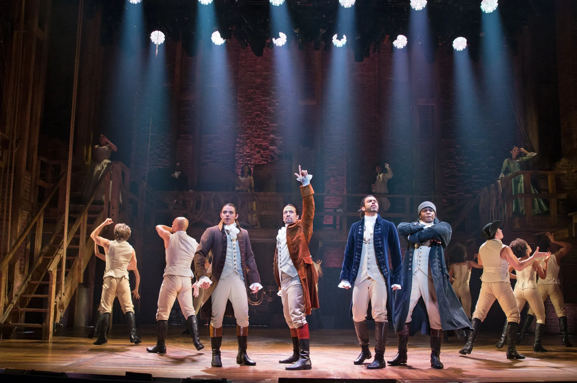 Renée Elise Goldsberry, Lin-Manuel Miranda, Leslie Odom Jr., Chris Jackson, Okieriete Onaodowan, Daveed Diggs, Phillipa Soo, and Anthony Ramos in Hamilton (2020)