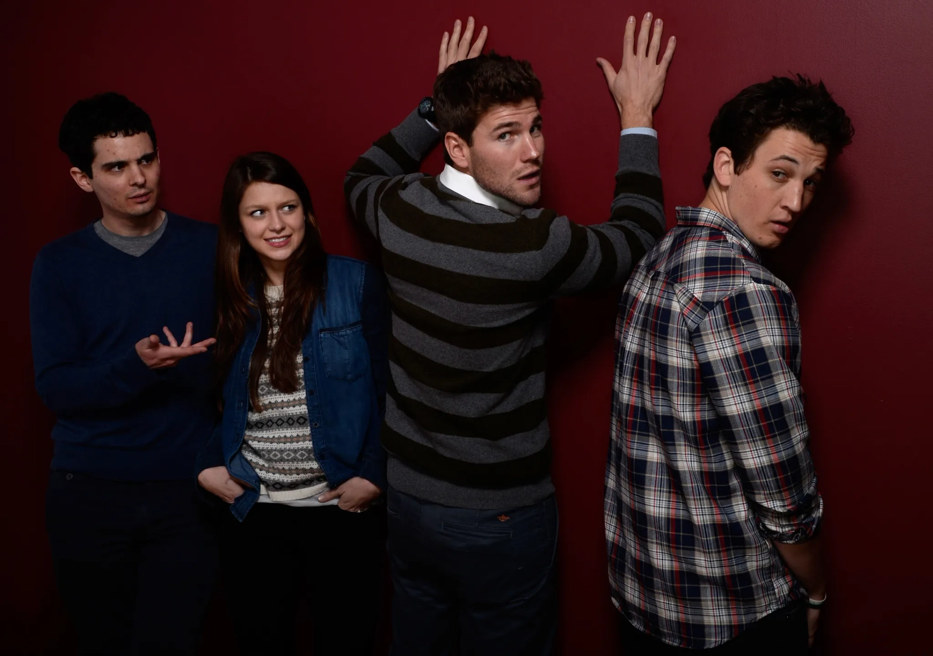 Miles Teller, Melissa Benoist, Damien Chazelle, and Austin Stowell at an event for Whiplash (2014)