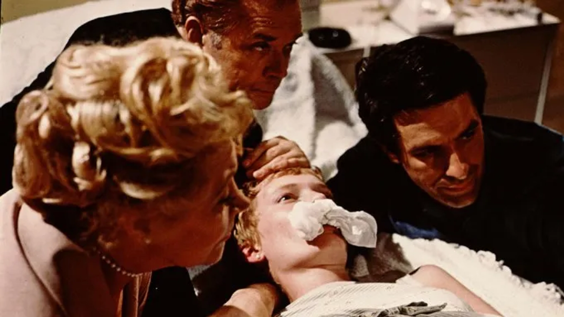 John Cassavetes, Mia Farrow, Sidney Blackmer, and Hanna Landy in Rosemary's Baby (1968)