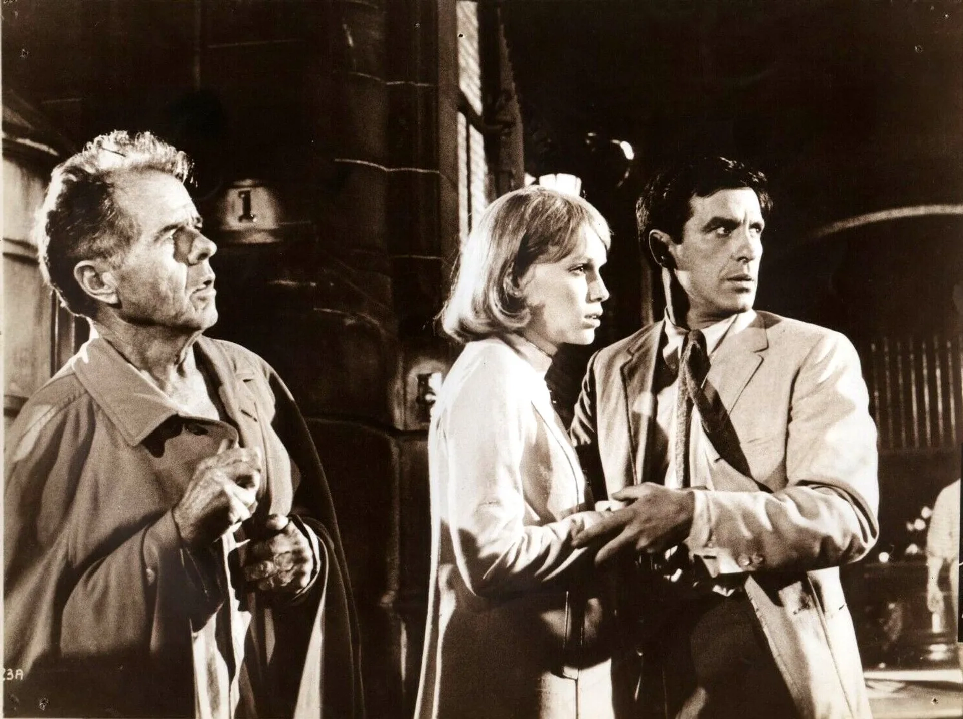 John Cassavetes, Mia Farrow, and Elisha Cook Jr. in Rosemary's Baby (1968)