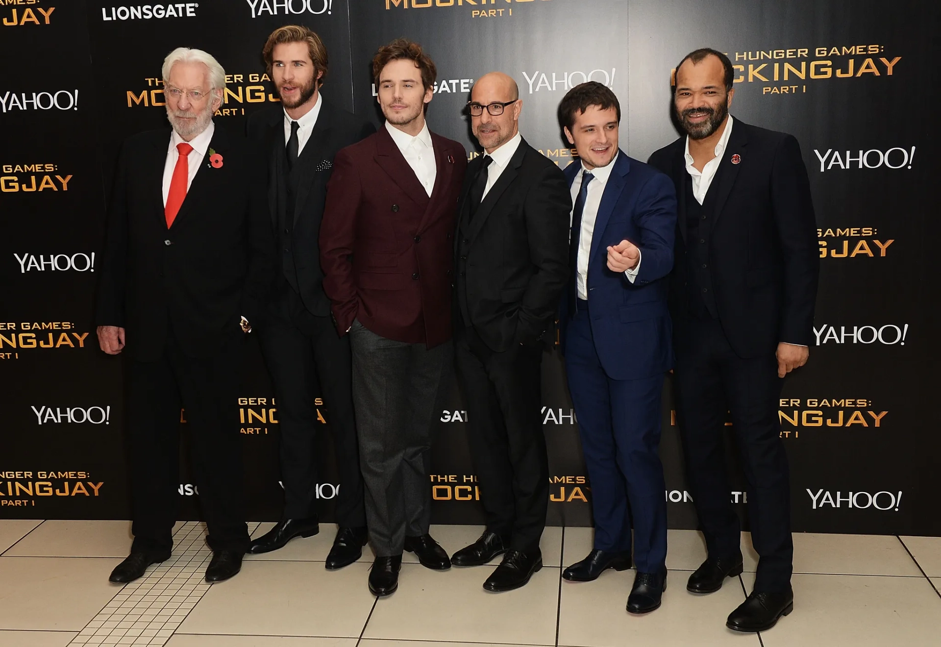 Donald Sutherland, Stanley Tucci, Jeffrey Wright, Josh Hutcherson, Liam Hemsworth, and Sam Claflin at an event for The Hunger Games: Mockingjay - Part 1 (2014)