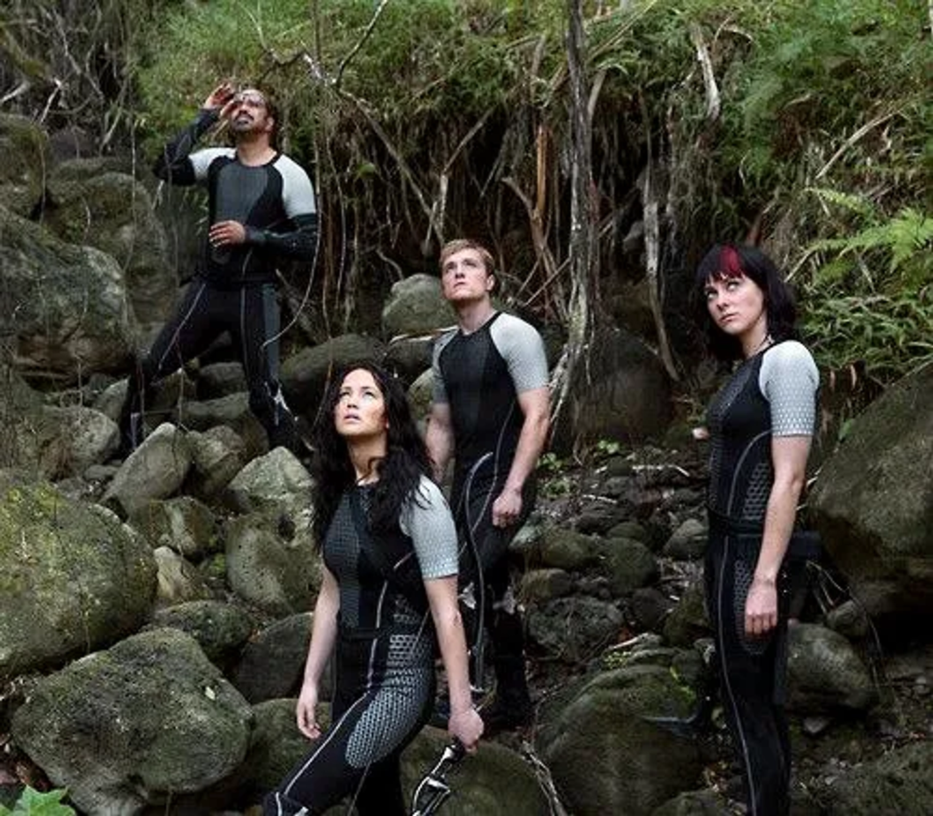 Jena Malone, Jeffrey Wright, Josh Hutcherson, and Jennifer Lawrence in The Hunger Games: Catching Fire (2013)