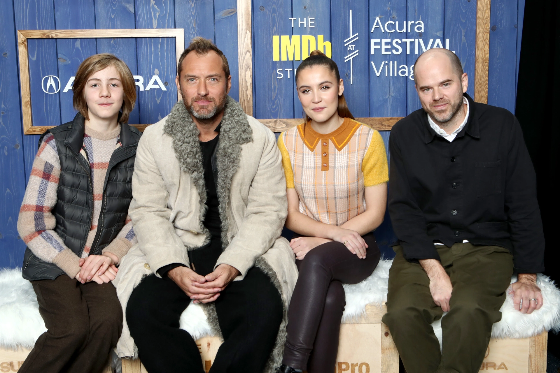 Jude Law, Sean Durkin, Oona Roche, and Charlie Shotwell at an event for The IMDb Studio at Sundance: The IMDb Studio at Acura Festival Village (2020)