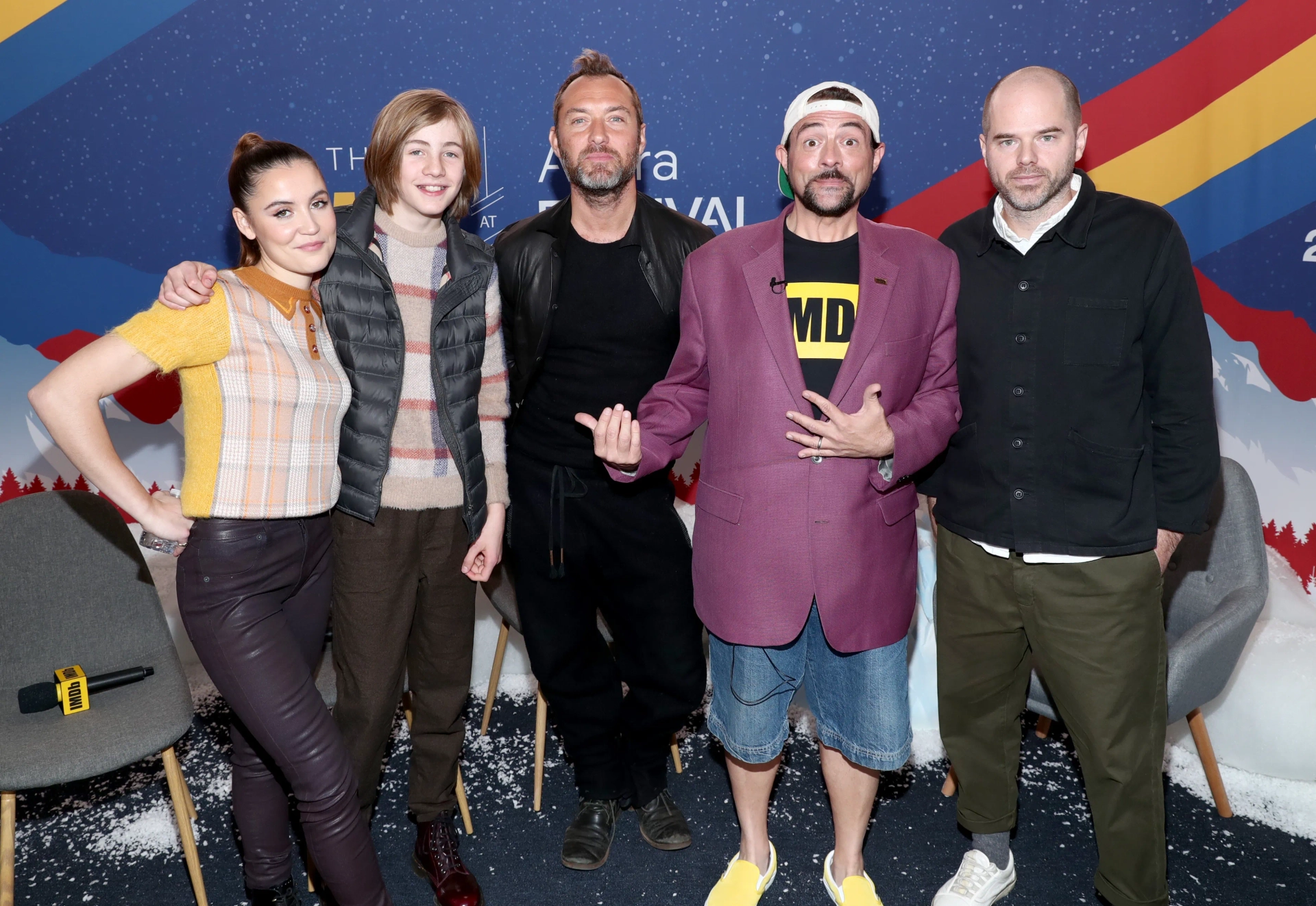 Jude Law, Kevin Smith, Sean Durkin, Oona Roche, and Charlie Shotwell at an event for The IMDb Studio at Sundance: The IMDb Studio at Acura Festival Village (2020)