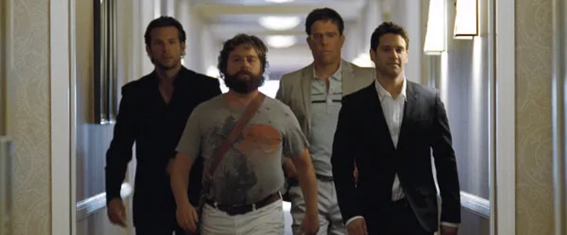 Justin Bartha, Bradley Cooper, Zach Galifianakis, and Ed Helms in The Hangover (2009)
