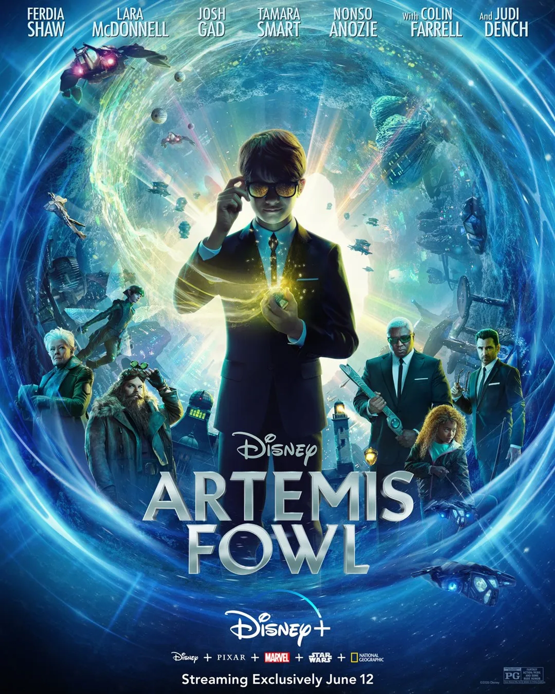 Judi Dench, Colin Farrell, Josh Gad, Nonso Anozie, Lara McDonnell, Tamara Smart, and Ferdia Shaw in Artemis Fowl (2020)