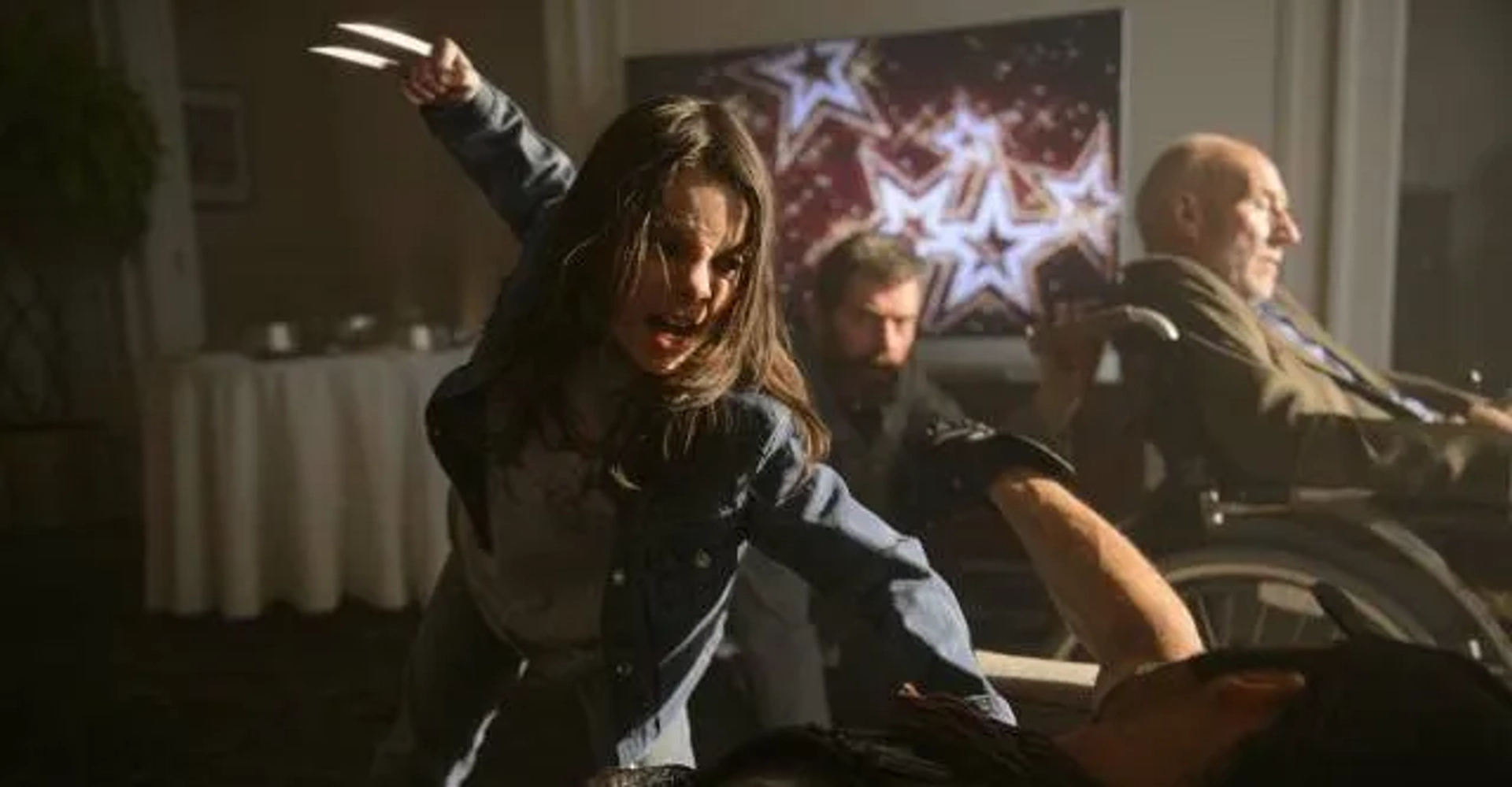 Patrick Stewart, Hugh Jackman, Rocky Abou-Sakher, and Dafne Keen in Logan (2017)