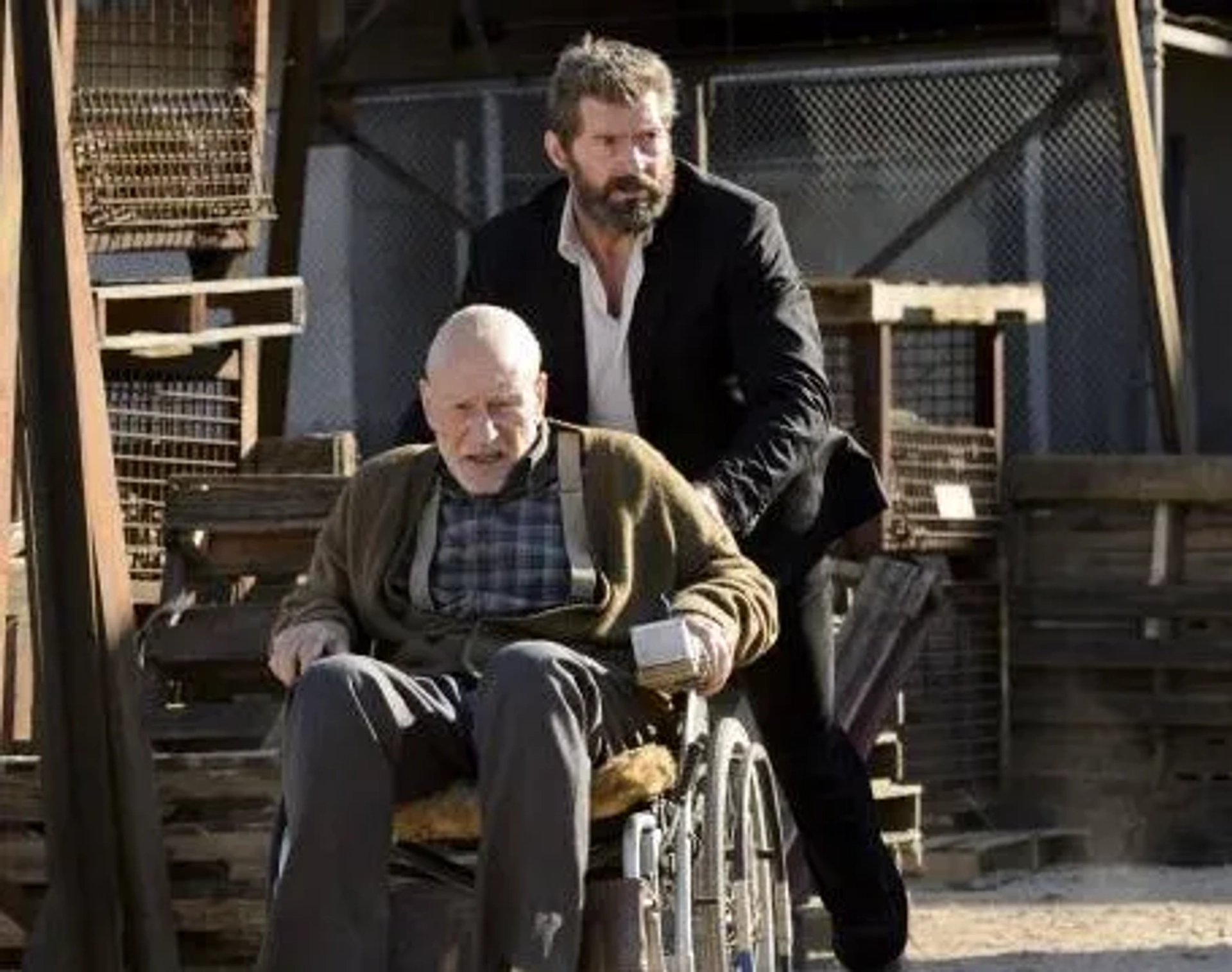 Patrick Stewart and Hugh Jackman in Logan (2017)