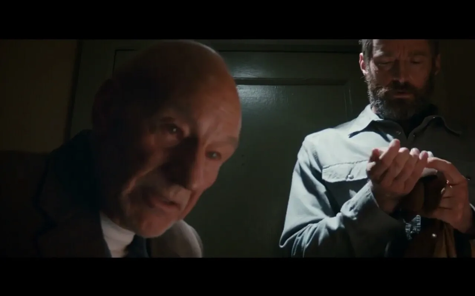 Patrick Stewart and Hugh Jackman in Logan (2017)