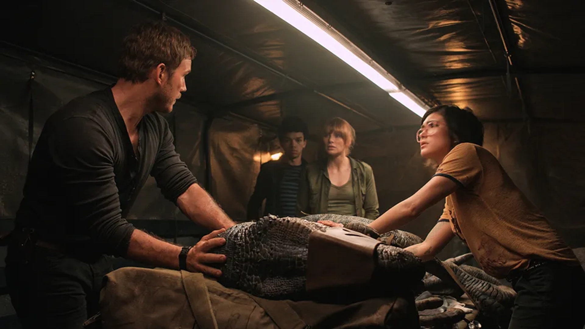 Bryce Dallas Howard, Chris Pratt, Daniella Pineda, and Justice Smith in Jurassic World: Fallen Kingdom (2018)