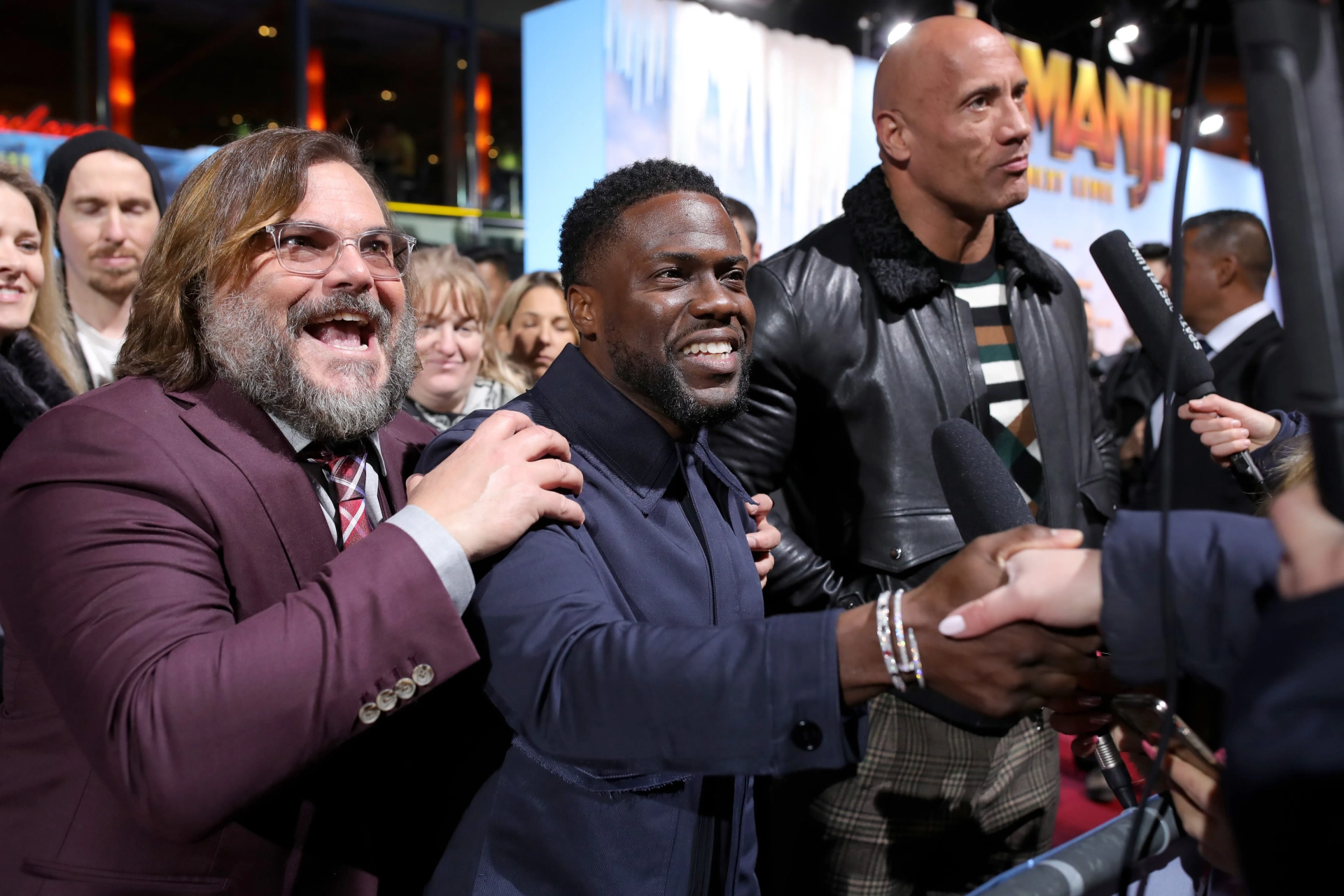 Jack Black, Kevin Hart, and Dwayne Johnson at an event for Jumanji: The Next Level (2019)