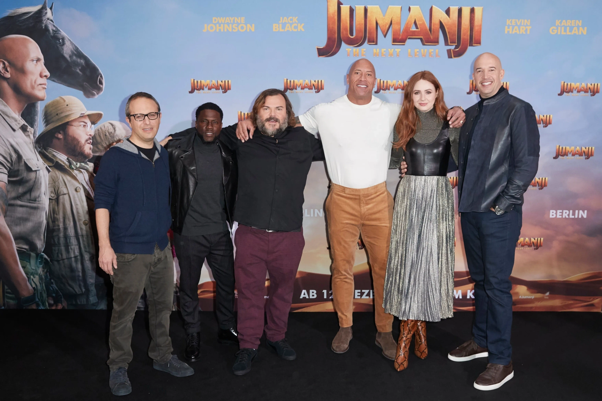 Jack Black, Kevin Hart, Dwayne Johnson, Jake Kasdan, Hiram Garcia, and Karen Gillan at an event for Jumanji: The Next Level (2019)