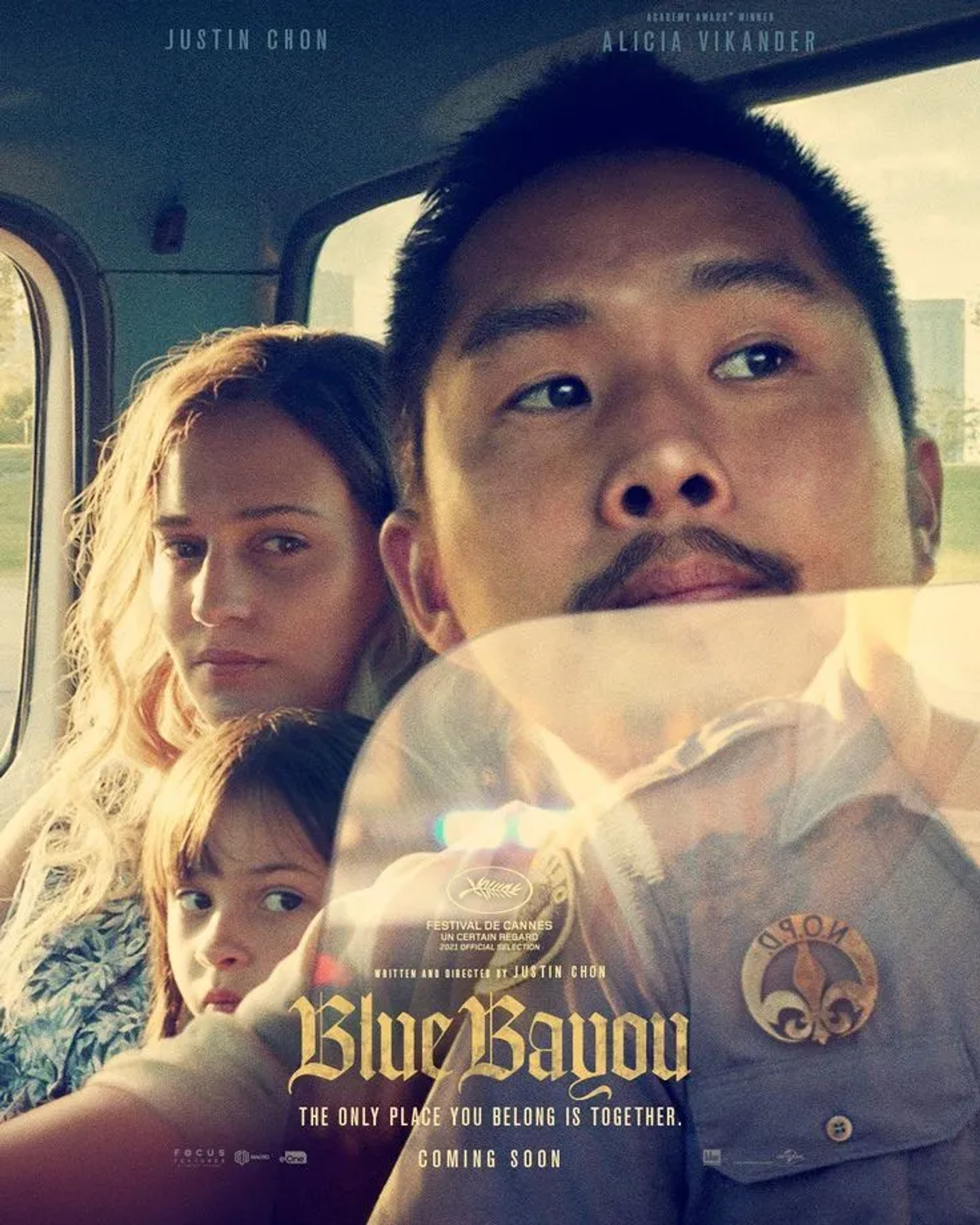 Sydney Kowalske, Justin Chon, and Alicia Vikander in Blue Bayou (2021)