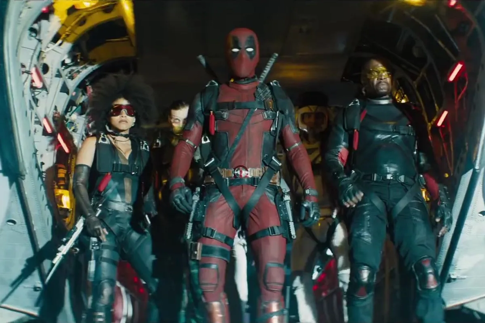 Ryan Reynolds, Terry Crews, Bill Skarsgård, Lewis Tan, and Zazie Beetz in Deadpool 2 (2018)