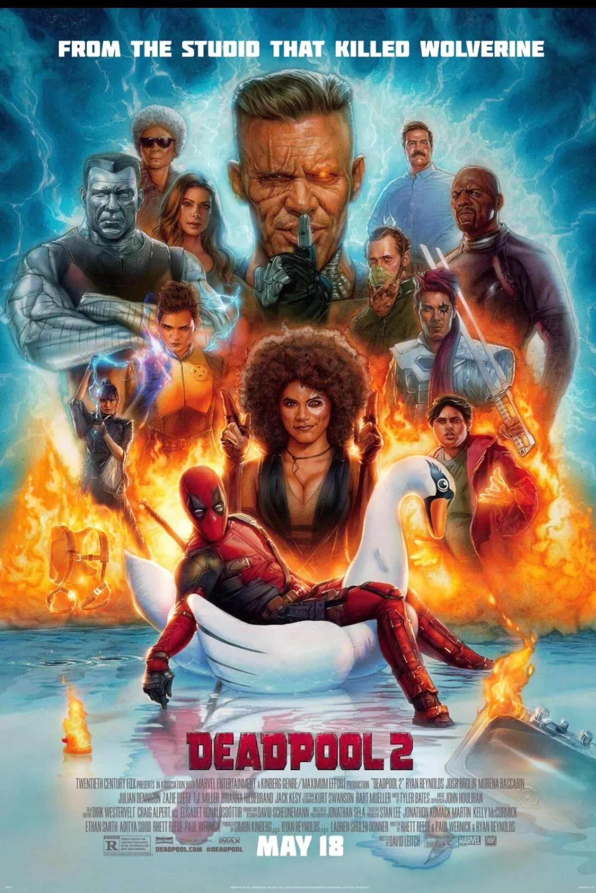 Brad Pitt, Josh Brolin, Ryan Reynolds, Terry Crews, Bill Skarsgård, Leslie Uggams, Morena Baccarin, Lewis Tan, Stefan Kapicic, Rob Delaney, Shioli Kutsuna, Julian Dennison, Zazie Beetz, and Brianna Hildebrand in Deadpool 2 (2018)