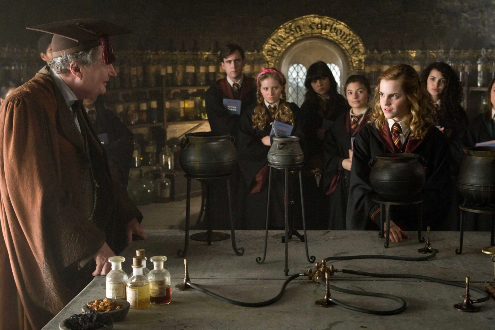 Jim Broadbent, Matthew Lewis, Emma Watson, Georgina Leonidas, Jessie Cave, Anna Shaffer, and Isabella Laughland in Harry Potter and the Half-Blood Prince (2009)