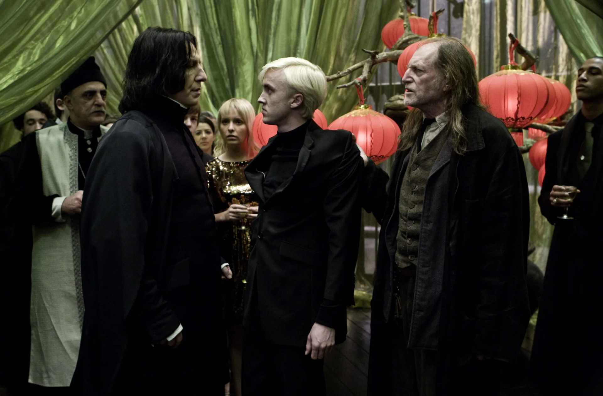 Alan Rickman, David Bradley, Tom Felton, and Louis Cordice in Harry Potter and the Half-Blood Prince (2009)