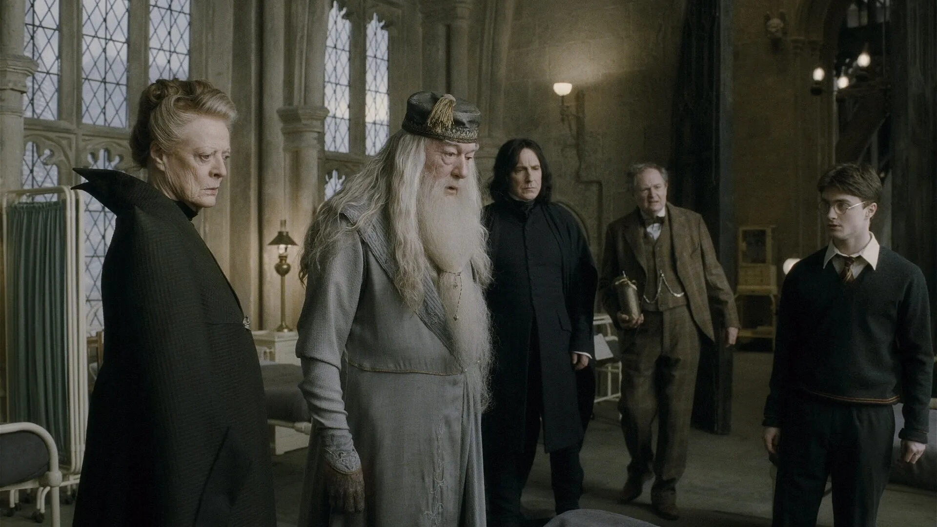 Alan Rickman, Jim Broadbent, Maggie Smith, Michael Gambon, and Daniel Radcliffe in Harry Potter and the Half-Blood Prince (2009)