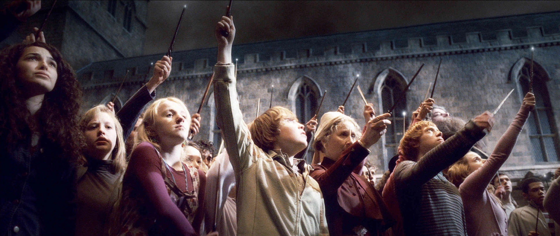 Robbie Coltrane, Rupert Grint, Gemma Jones, Emma Watson, Evanna Lynch, and Anna Shaffer in Harry Potter and the Half-Blood Prince (2009)