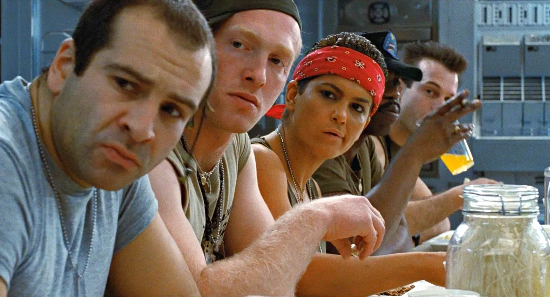 Bill Paxton, Jenette Goldstein, Mark Rolston, Al Matthews, and Trevor Steedman in Aliens (1986)