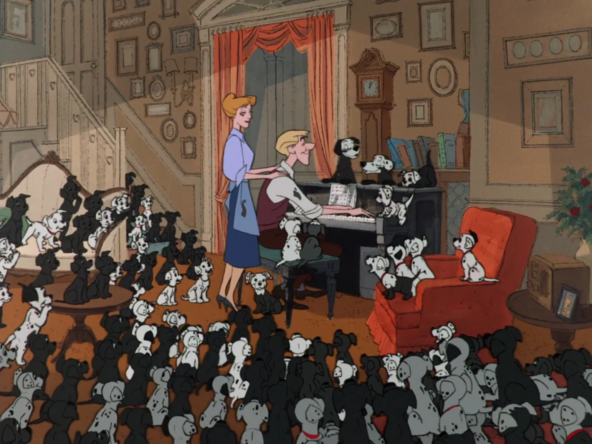 Rod Taylor, Sandra Abbott, Cate Bauer, Barbara Beaird, Lisa Davis, Mimi Gibson, Mickey Maga, Rickie Sorensen, and Ben Wright in One Hundred and One Dalmatians (1961)