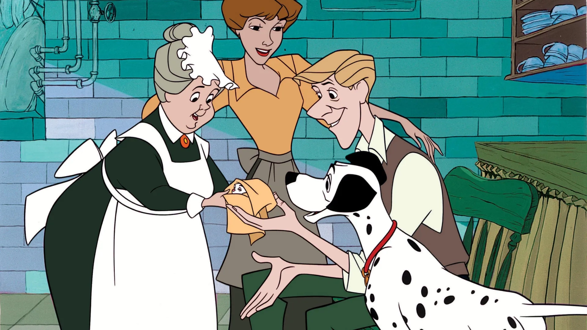 Rod Taylor, Lisa Davis, Mimi Gibson, Martha Wentworth, and Ben Wright in One Hundred and One Dalmatians (1961)