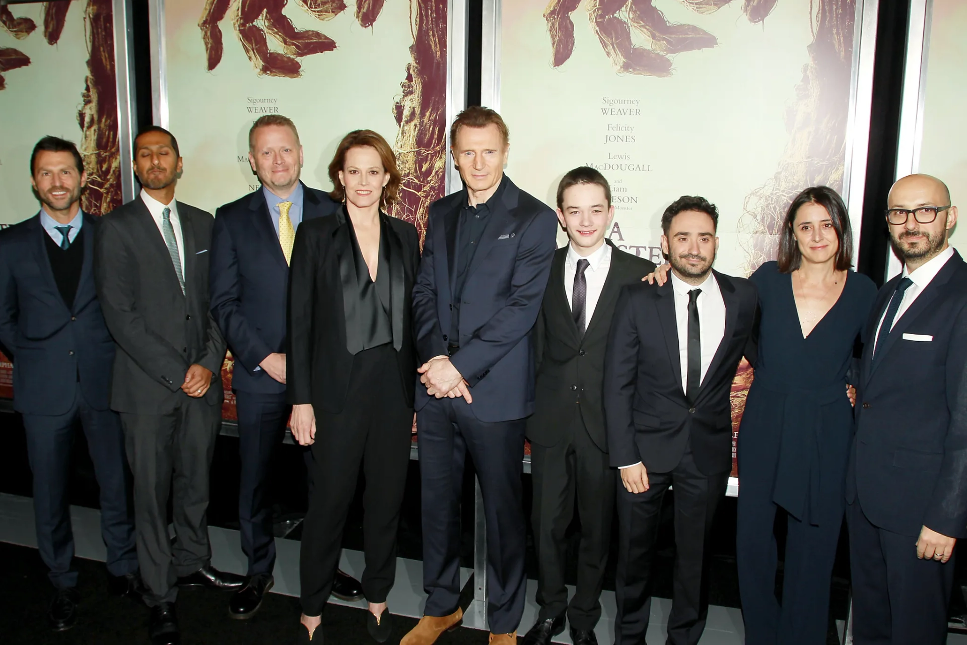 Sigourney Weaver, Liam Neeson, Peter Kujawski, J.A. Bayona, Belén Atienza, Patrick Ness, Abhijay Prakash, and Lewis MacDougall at an event for A Monster Calls (2016)