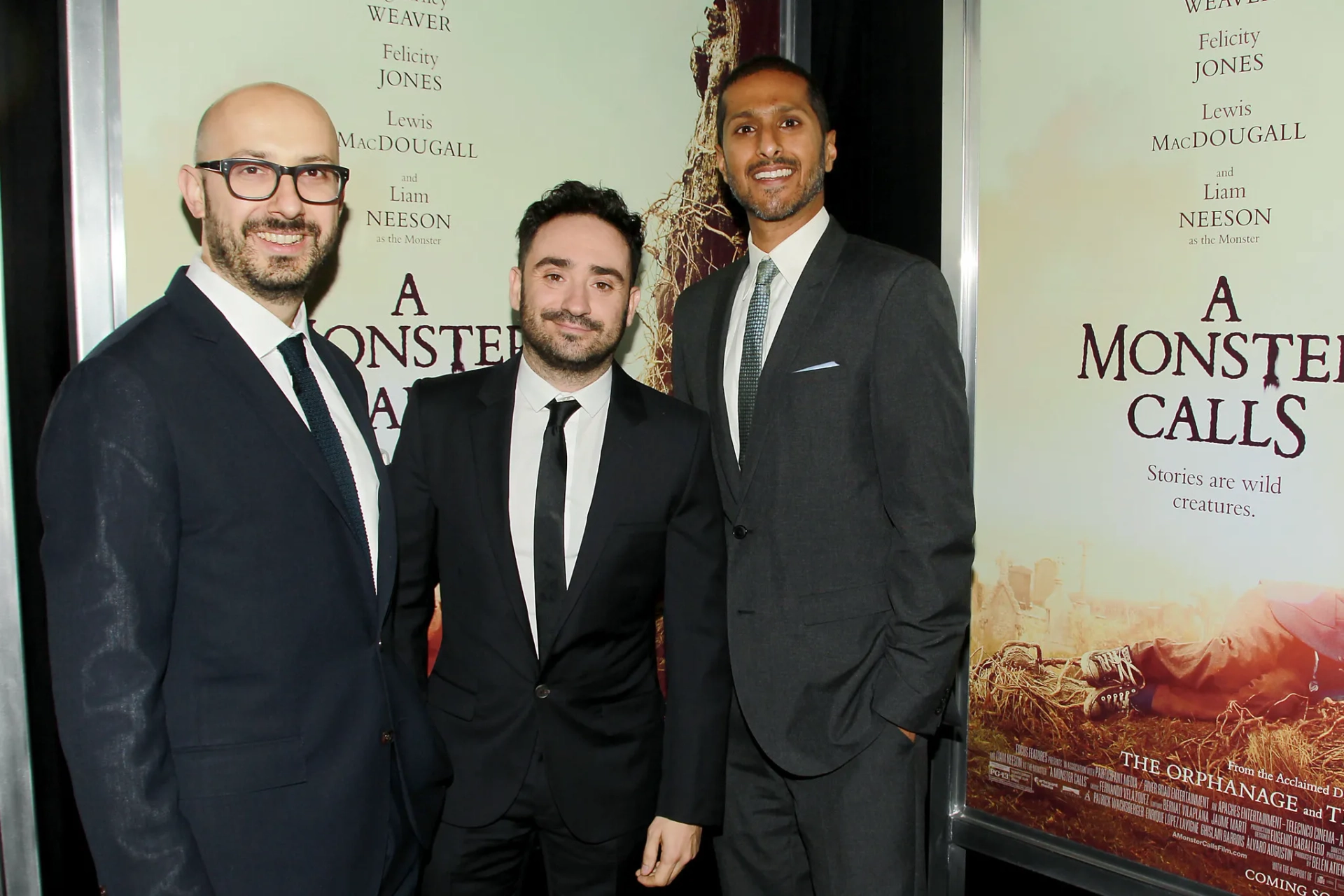 Peter Kujawski, J.A. Bayona, and Abhijay Prakash at an event for A Monster Calls (2016)