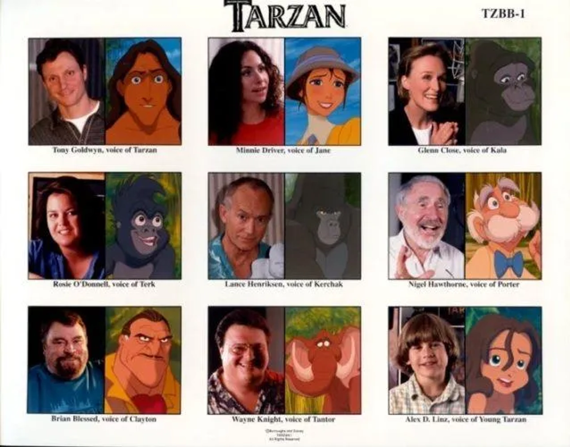 Brian Blessed, Glenn Close, Minnie Driver, Lance Henriksen, Tony Goldwyn, Nigel Hawthorne, Wayne Knight, Rosie O'Donnell, and Alex D. Linz in Tarzan (1999)