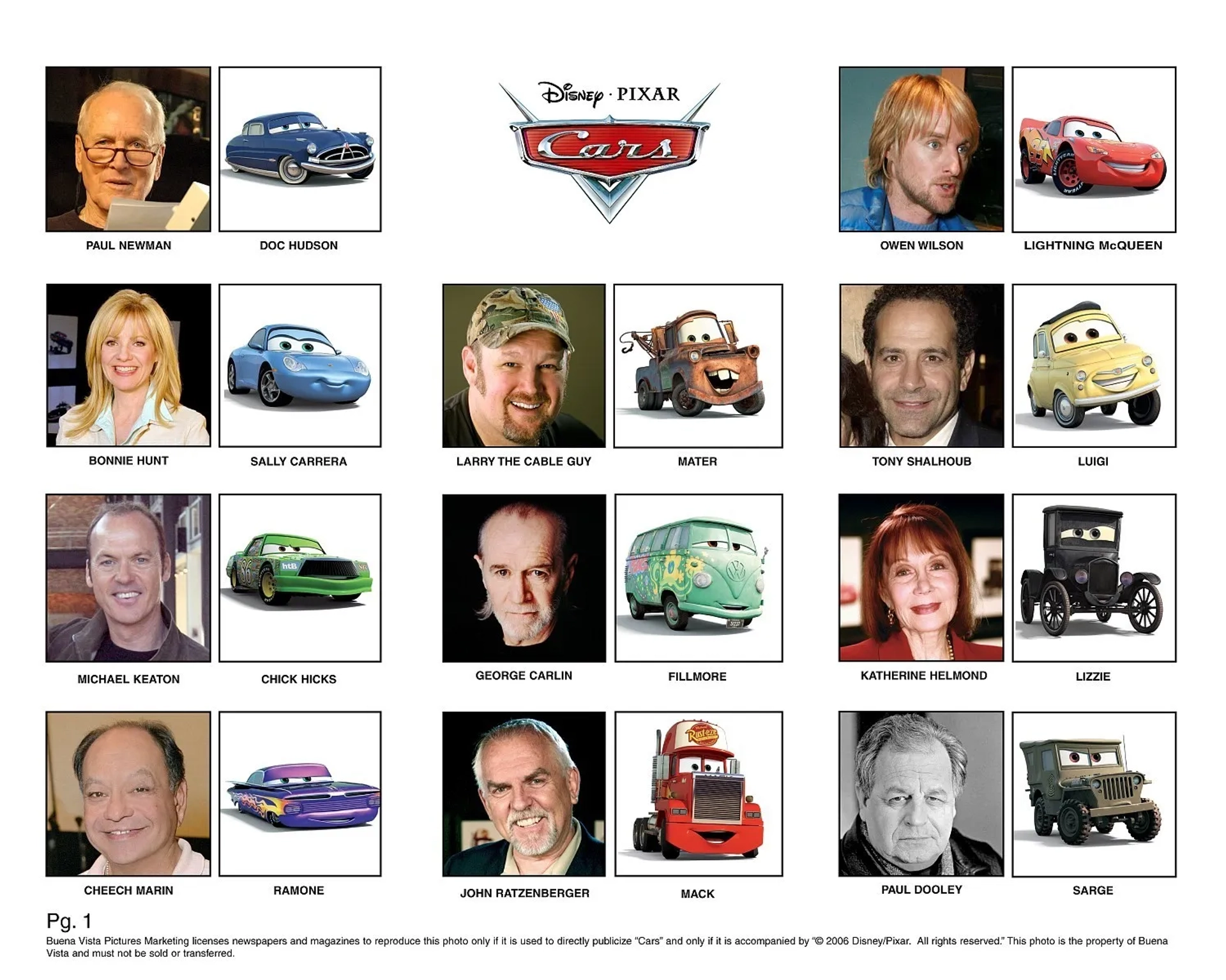 Paul Newman, Michael Keaton, Katherine Helmond, Bonnie Hunt, Cheech Marin, John Ratzenberger, Tony Shalhoub, Owen Wilson, George Carlin, Paul Dooley, and Larry the Cable Guy in Cars (2006)