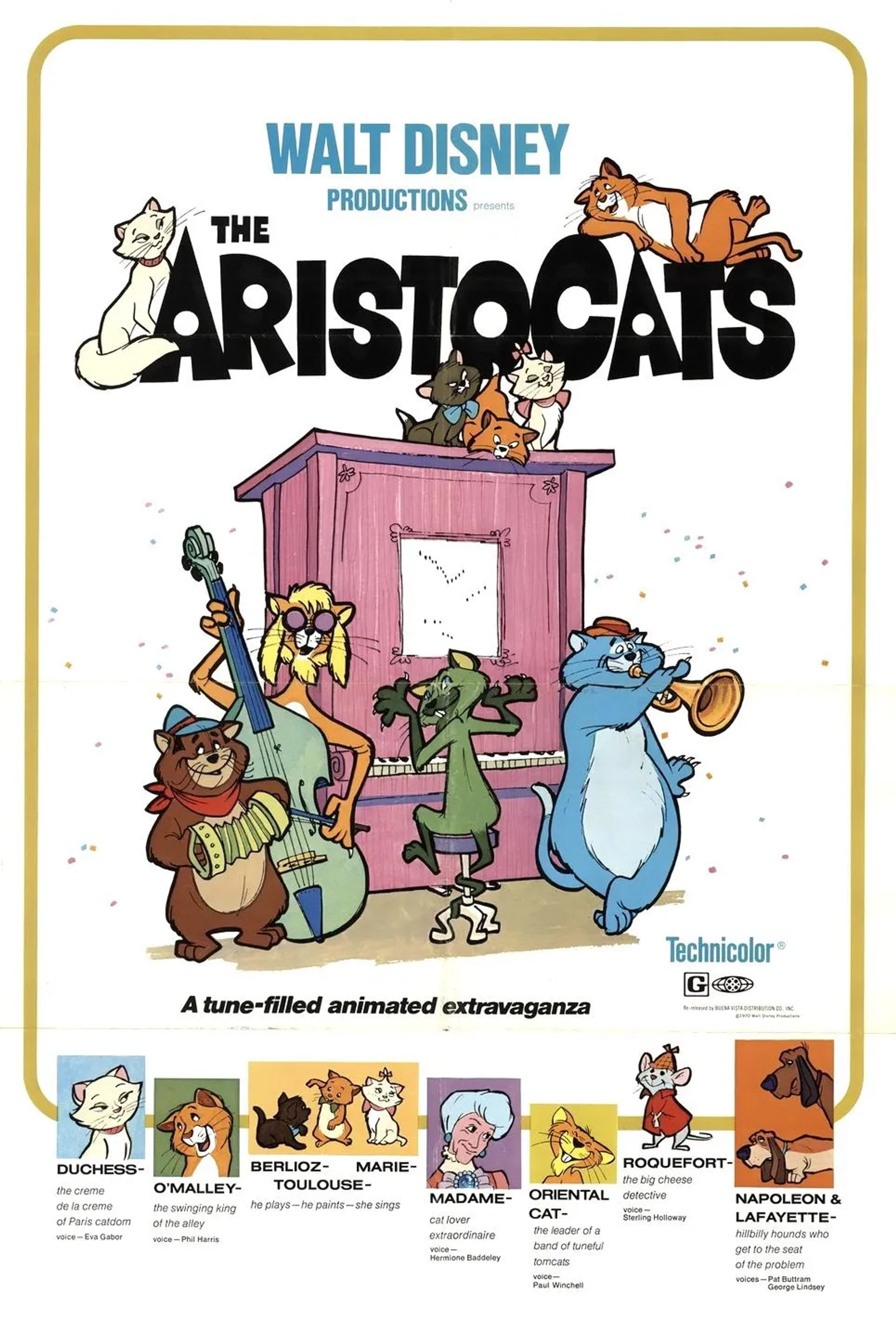 Scatman Crothers, Eva Gabor, Sterling Holloway, Hermione Baddeley, Pat Buttram, Dean Clark, Gary Dubin, Liz English, Phil Harris, Lord Tim Hudson, George Lindsey, Roddy Maude-Roxby, Thurl Ravenscroft, Vito Scotti, and Paul Winchell in The Aristocats (1970)