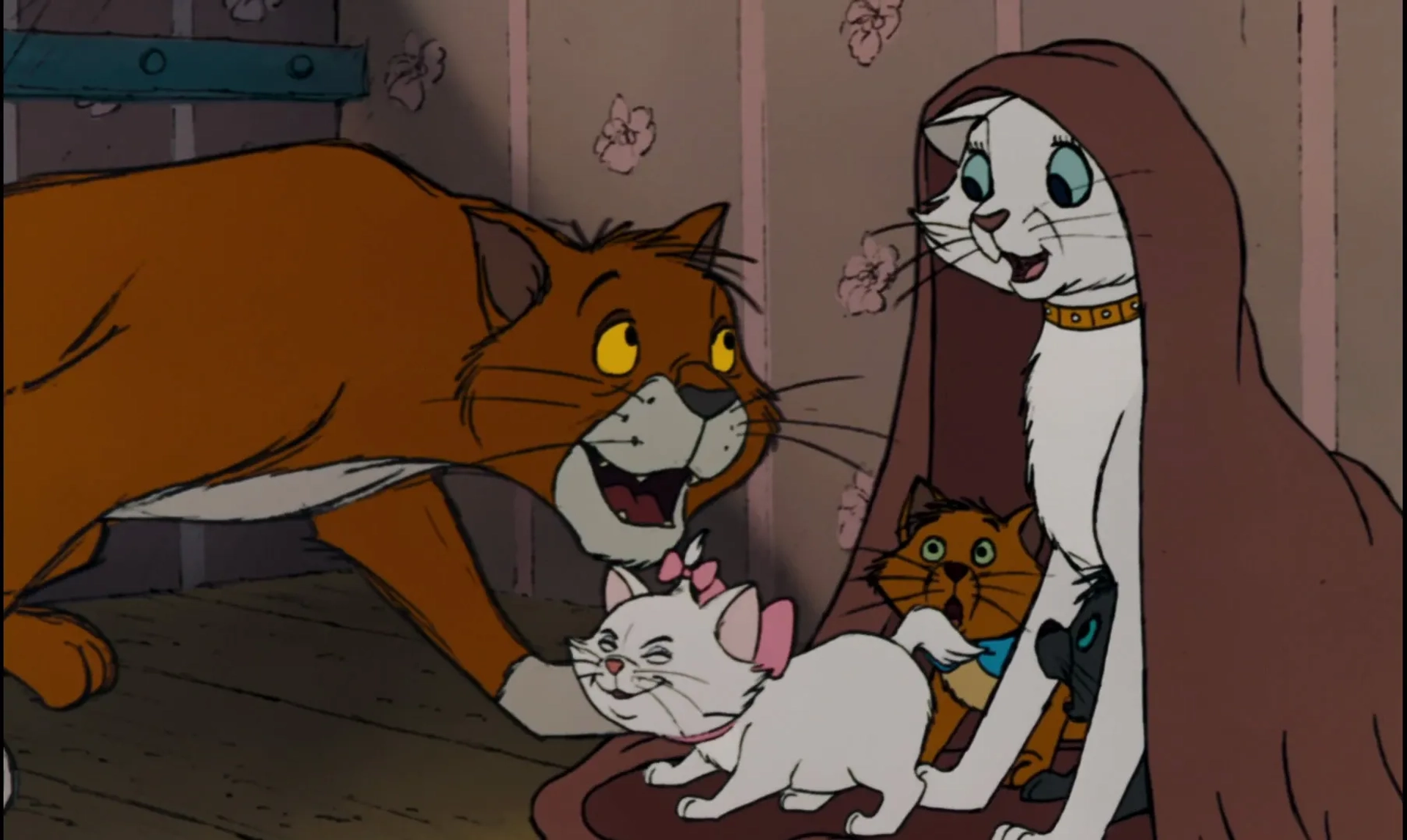 Eva Gabor, Dean Clark, Gary Dubin, Liz English, and Phil Harris in The Aristocats (1970)