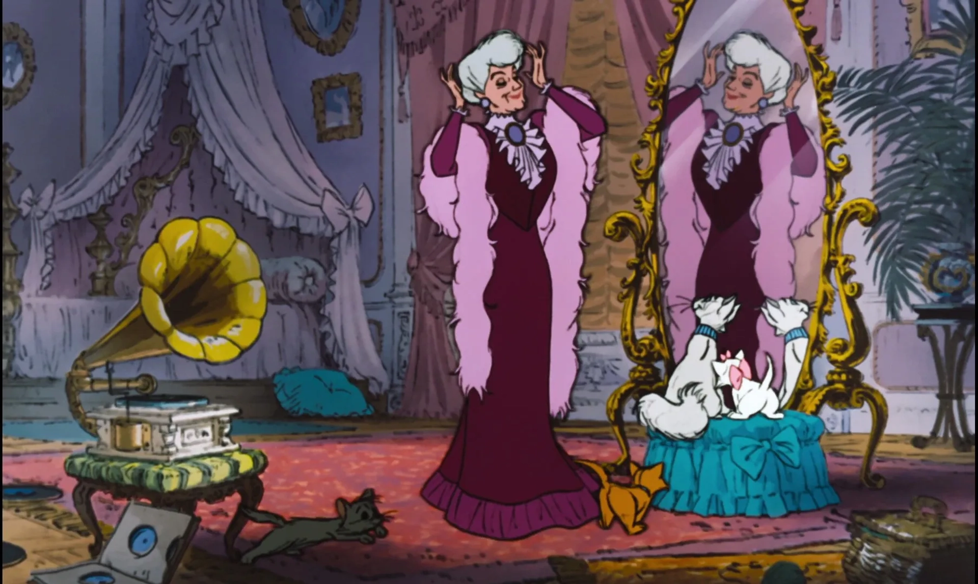 Eva Gabor, Hermione Baddeley, Dean Clark, Gary Dubin, and Liz English in The Aristocats (1970)