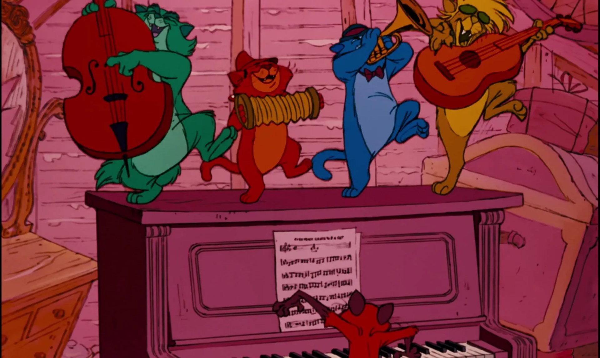 Scatman Crothers, Lord Tim Hudson, Thurl Ravenscroft, Vito Scotti, and Paul Winchell in The Aristocats (1970)